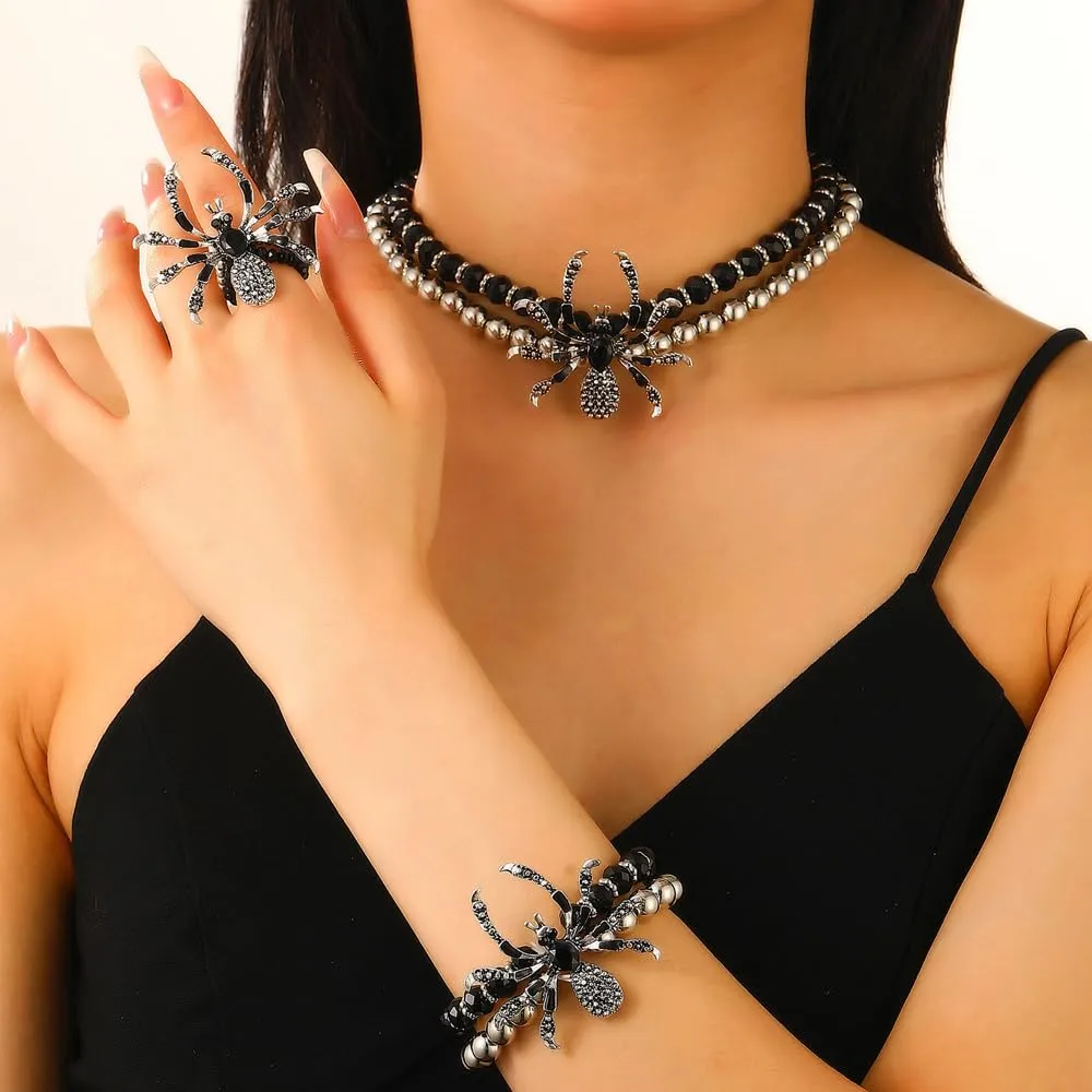 XFSRG 3 Pezzi Parure Gioielli Donna Halloween Spider con Diamanti Incastonati Orecchini Collana e Anello in Stile Gotico Accessori Punk Personalizzati - immagine 5