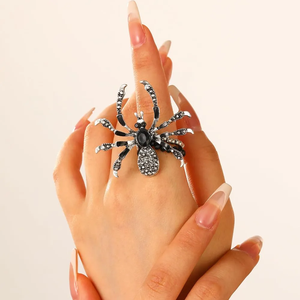 XFSRG 3 Pezzi Parure Gioielli Donna Halloween Spider con Diamanti Incastonati Orecchini Collana e Anello in Stile Gotico Accessori Punk Personalizzati - immagine 6