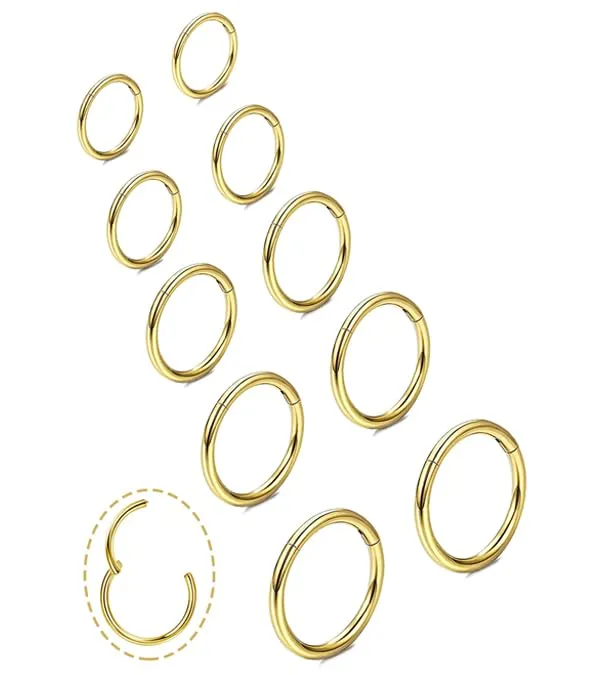 Anello per naso in oro e argento - Orecchini sottili in titanio - Per uomo e donna - 18 g - Per setto, helix, trago, conchiglia - Ipoallergenico - Per cartilagine, orecchio, labbra, naso - 6-10 mm, 6 - immagine 1