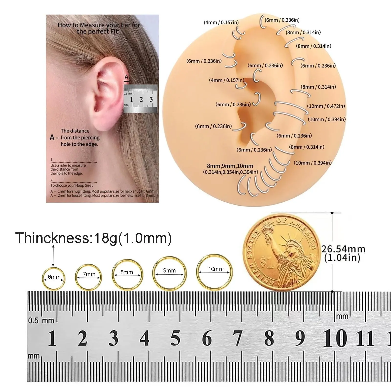Anello per naso in oro e argento - Orecchini sottili in titanio - Per uomo e donna - 18 g - Per setto, helix, trago, conchiglia - Ipoallergenico - Per cartilagine, orecchio, labbra, naso - 6-10 mm, 6 - immagine 3