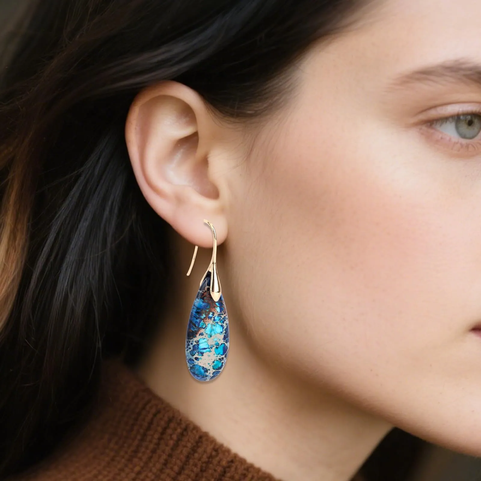 Orecchini in Pietra Naturale, Orecchini Pendenti a Cerchio Leggeri e Alla Moda a Forma di Goccia Gioielli in Pietra Regalo Compleanno per Donna (Blu, Oro) - immagine 6