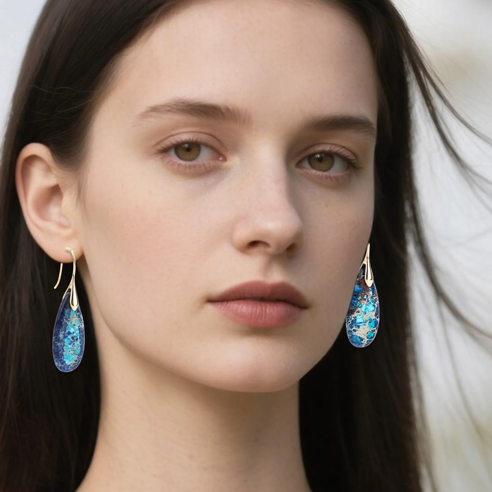 Orecchini in Pietra Naturale, Orecchini Pendenti a Cerchio Leggeri e Alla Moda a Forma di Goccia Gioielli in Pietra Regalo Compleanno per Donna (Blu, Oro) - immagine 7