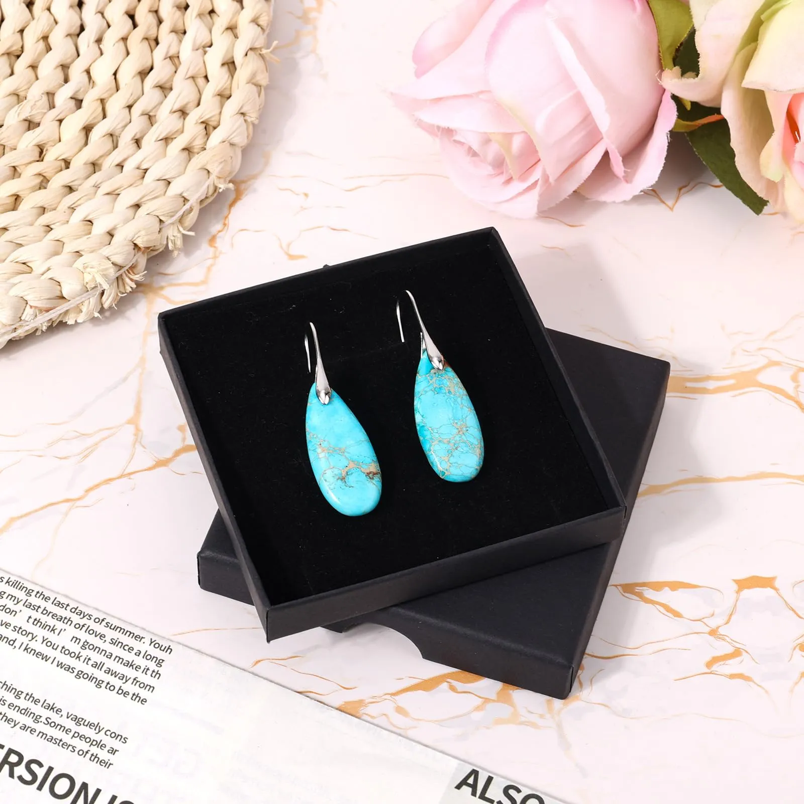Orecchini in Pietra Naturale, Orecchini Pendenti a Cerchio Leggeri e Alla Moda a Forma di Goccia Gioielli in Pietra Regalo Compleanno per Donna (Blu Turchese, Argento) - immagine 3