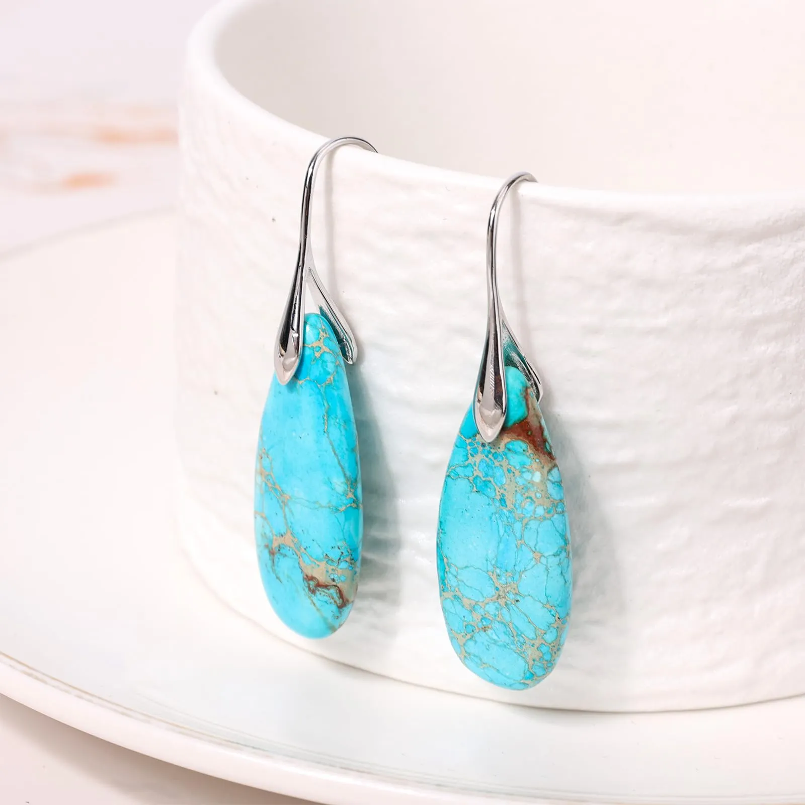 Orecchini in Pietra Naturale, Orecchini Pendenti a Cerchio Leggeri e Alla Moda a Forma di Goccia Gioielli in Pietra Regalo Compleanno per Donna (Blu Turchese, Argento) - immagine 4