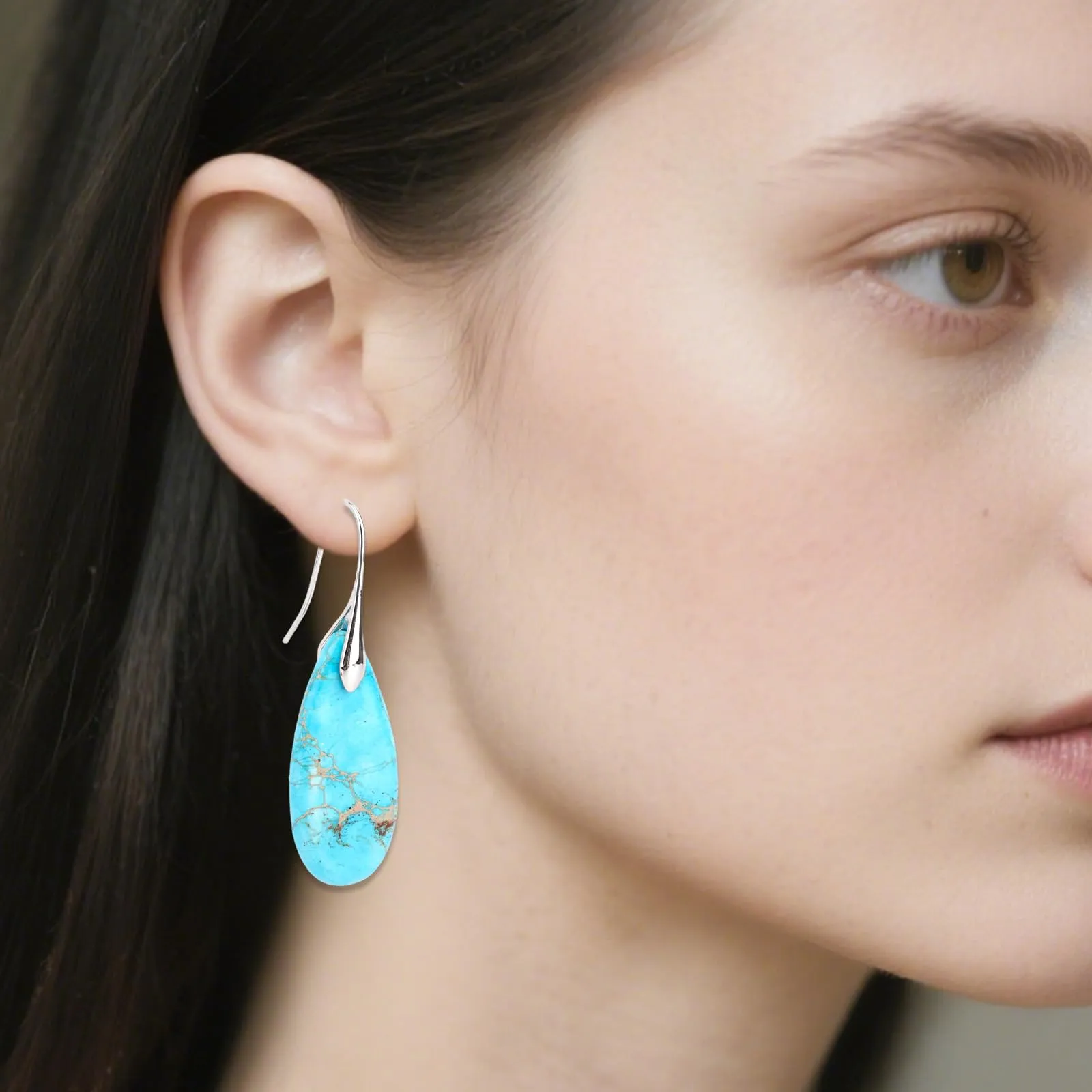 Orecchini in Pietra Naturale, Orecchini Pendenti a Cerchio Leggeri e Alla Moda a Forma di Goccia Gioielli in Pietra Regalo Compleanno per Donna (Blu Turchese, Argento) - immagine 5