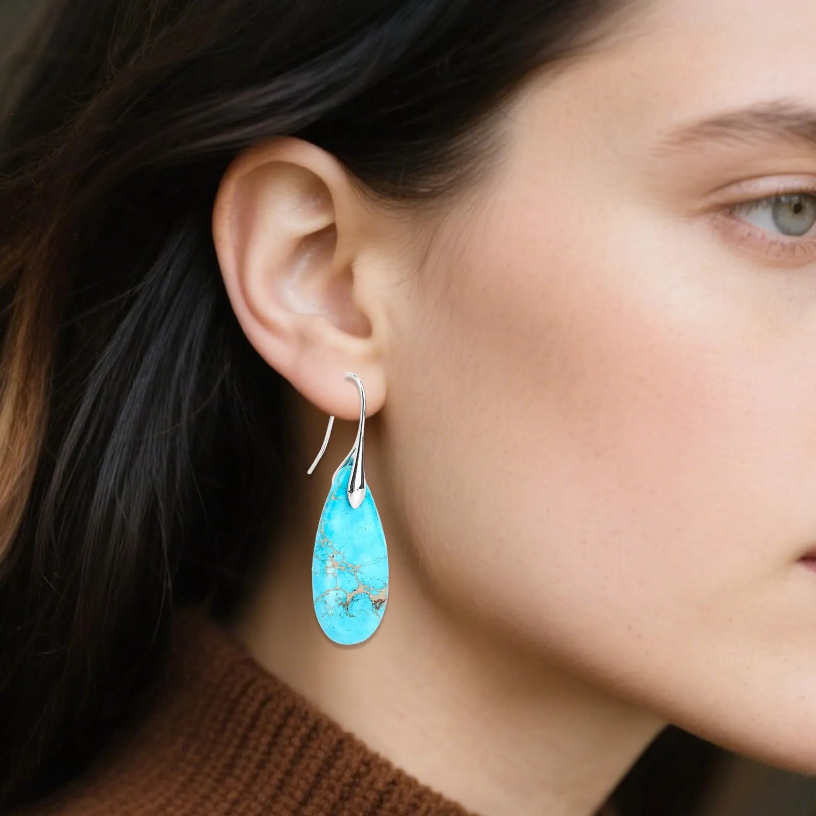 Orecchini in Pietra Naturale, Orecchini Pendenti a Cerchio Leggeri e Alla Moda a Forma di Goccia Gioielli in Pietra Regalo Compleanno per Donna (Blu Turchese, Argento) - immagine 6
