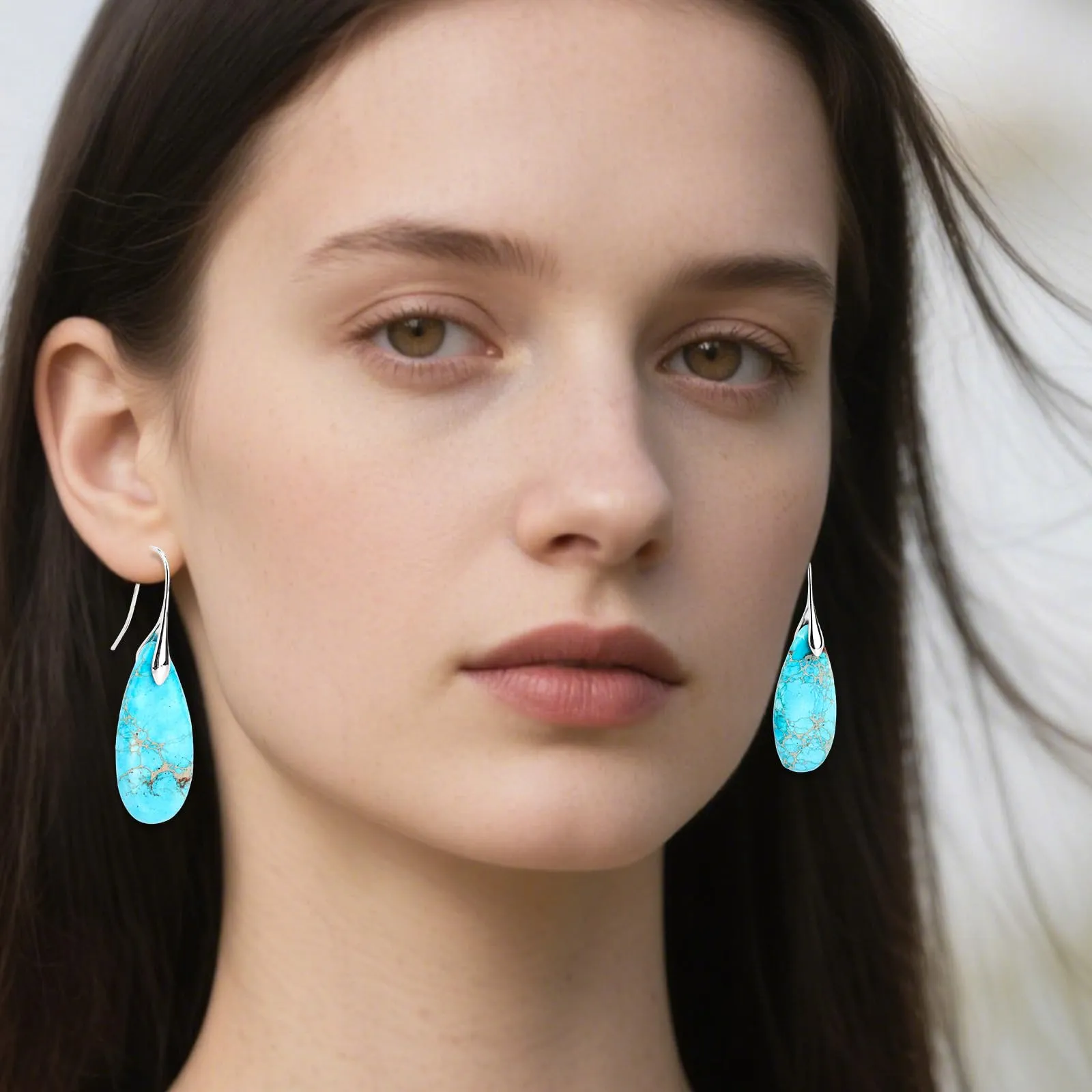 Orecchini in Pietra Naturale, Orecchini Pendenti a Cerchio Leggeri e Alla Moda a Forma di Goccia Gioielli in Pietra Regalo Compleanno per Donna (Blu Turchese, Argento) - immagine 7