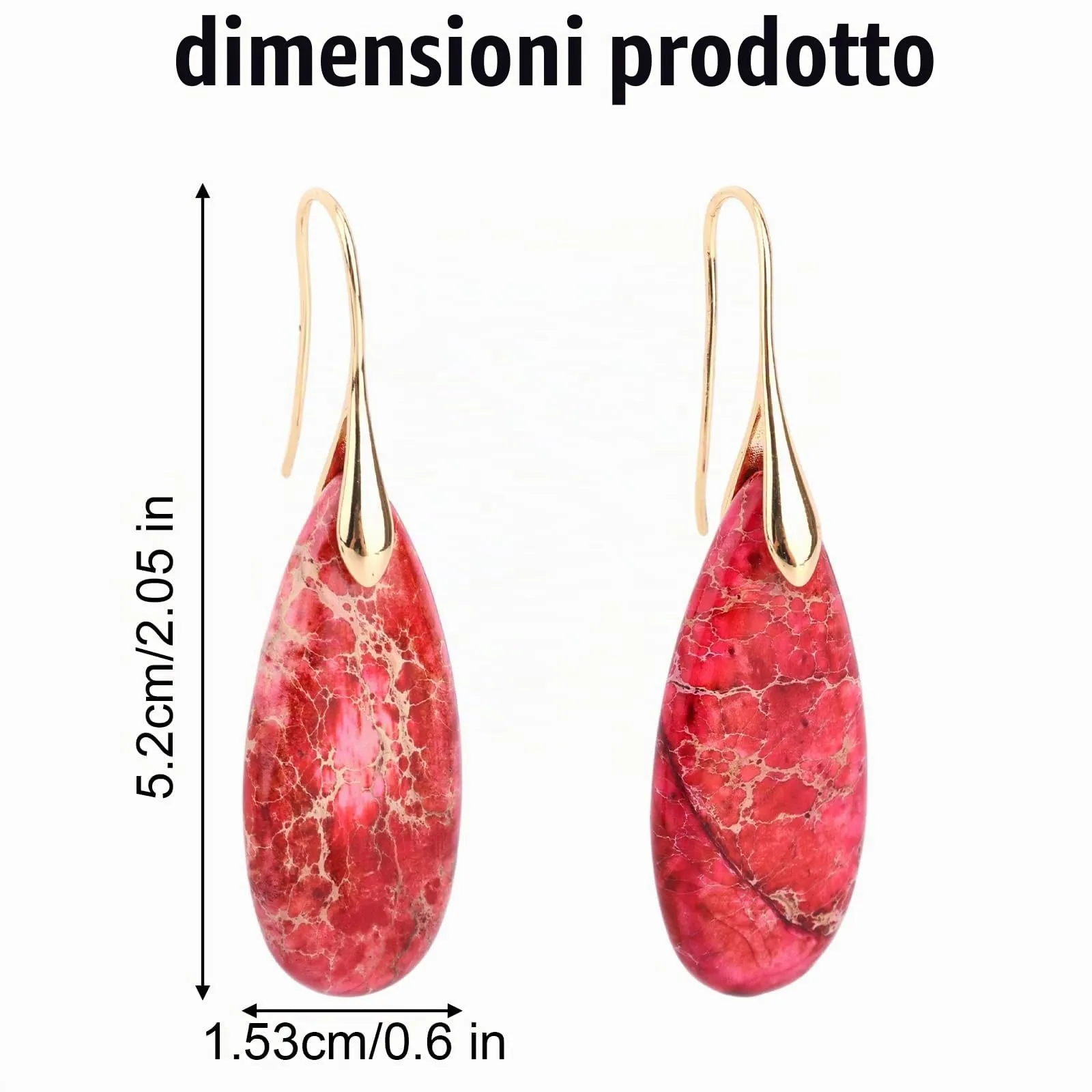 Orecchini in Pietra Naturale, Orecchini Pendenti a Cerchio Leggeri e Alla Moda a Forma di Goccia Gioielli in Pietra Regalo Compleanno per Donna (Rosso, Oro) - immagine 2