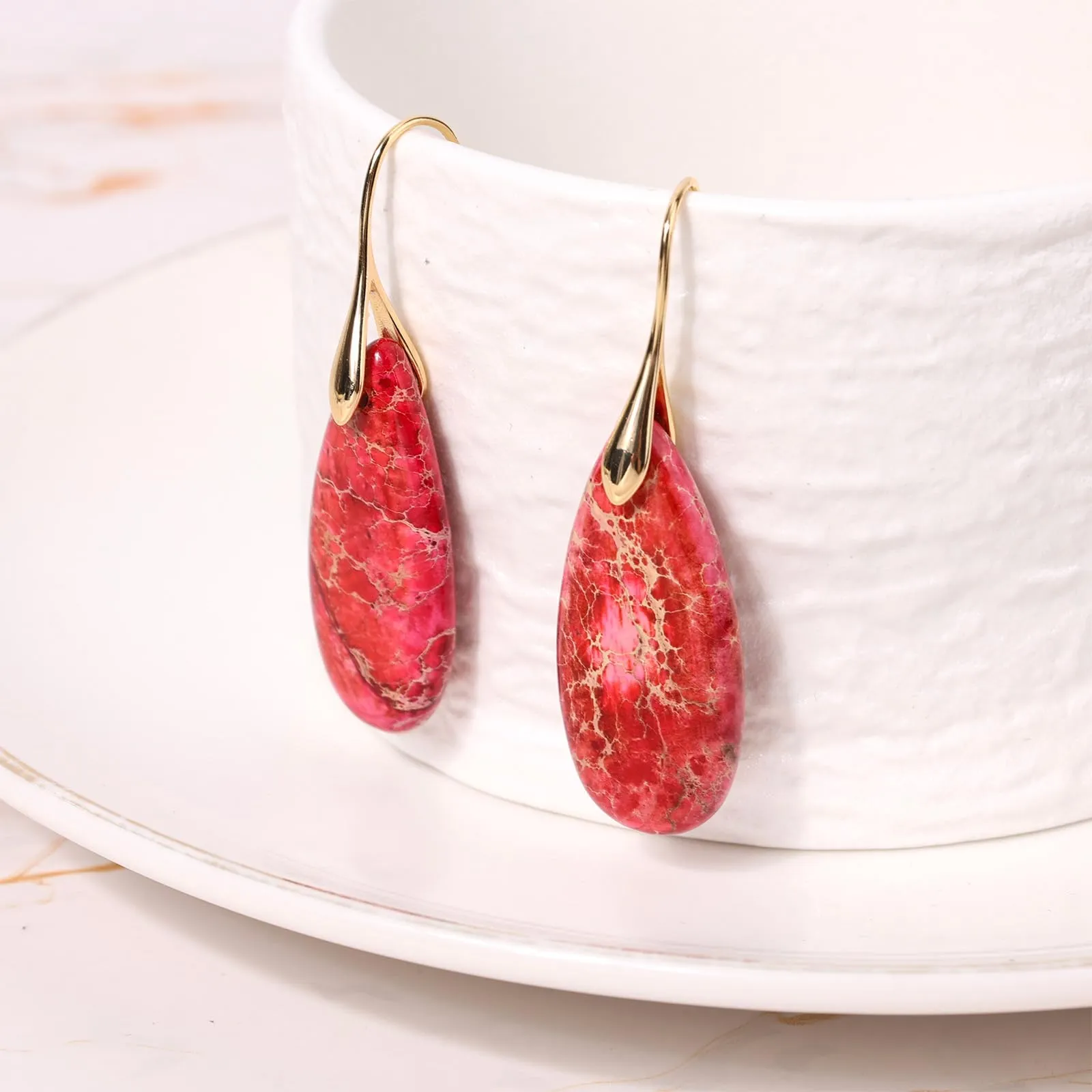 Orecchini in Pietra Naturale, Orecchini Pendenti a Cerchio Leggeri e Alla Moda a Forma di Goccia Gioielli in Pietra Regalo Compleanno per Donna (Rosso, Oro) - immagine 4