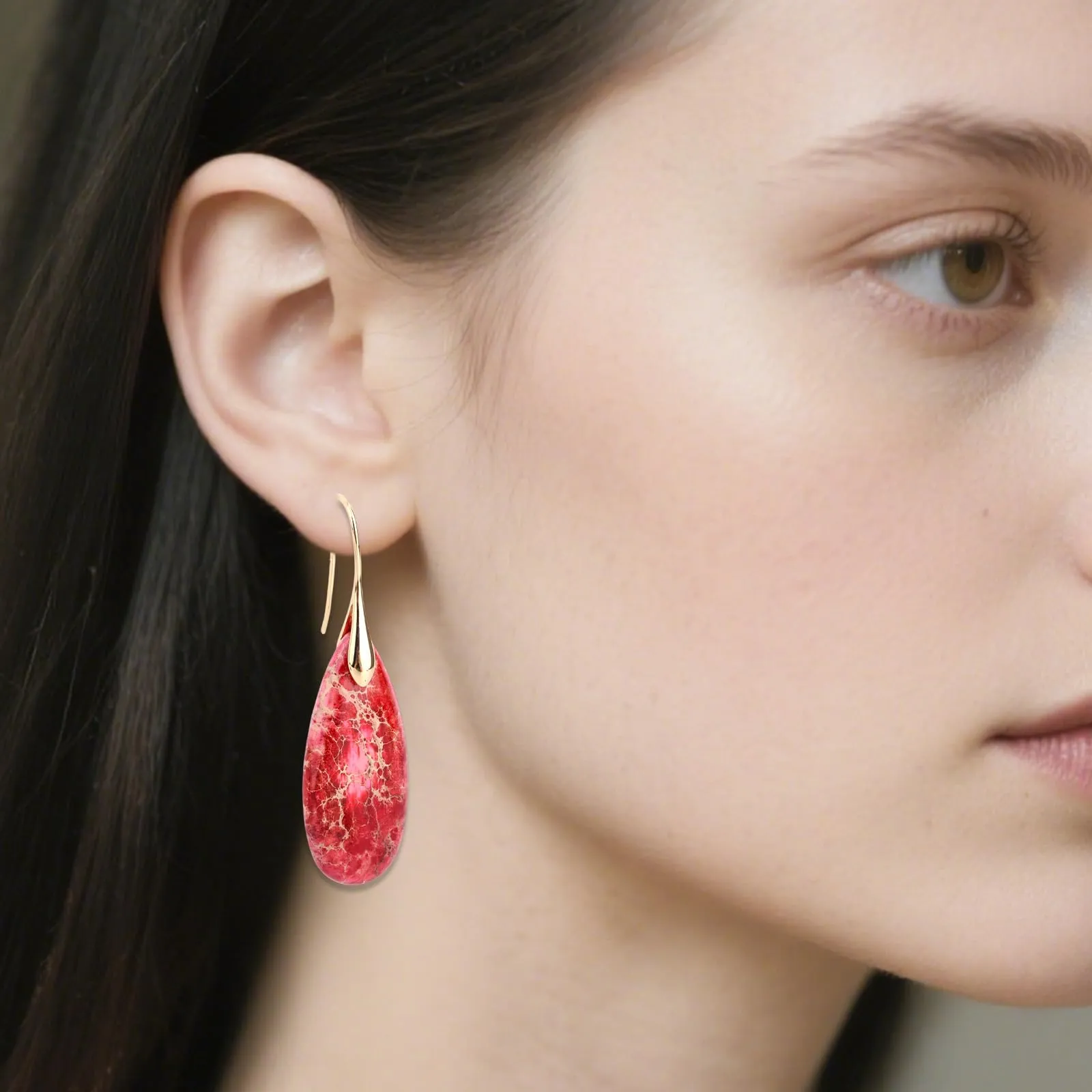 Orecchini in Pietra Naturale, Orecchini Pendenti a Cerchio Leggeri e Alla Moda a Forma di Goccia Gioielli in Pietra Regalo Compleanno per Donna (Rosso, Oro) - immagine 5