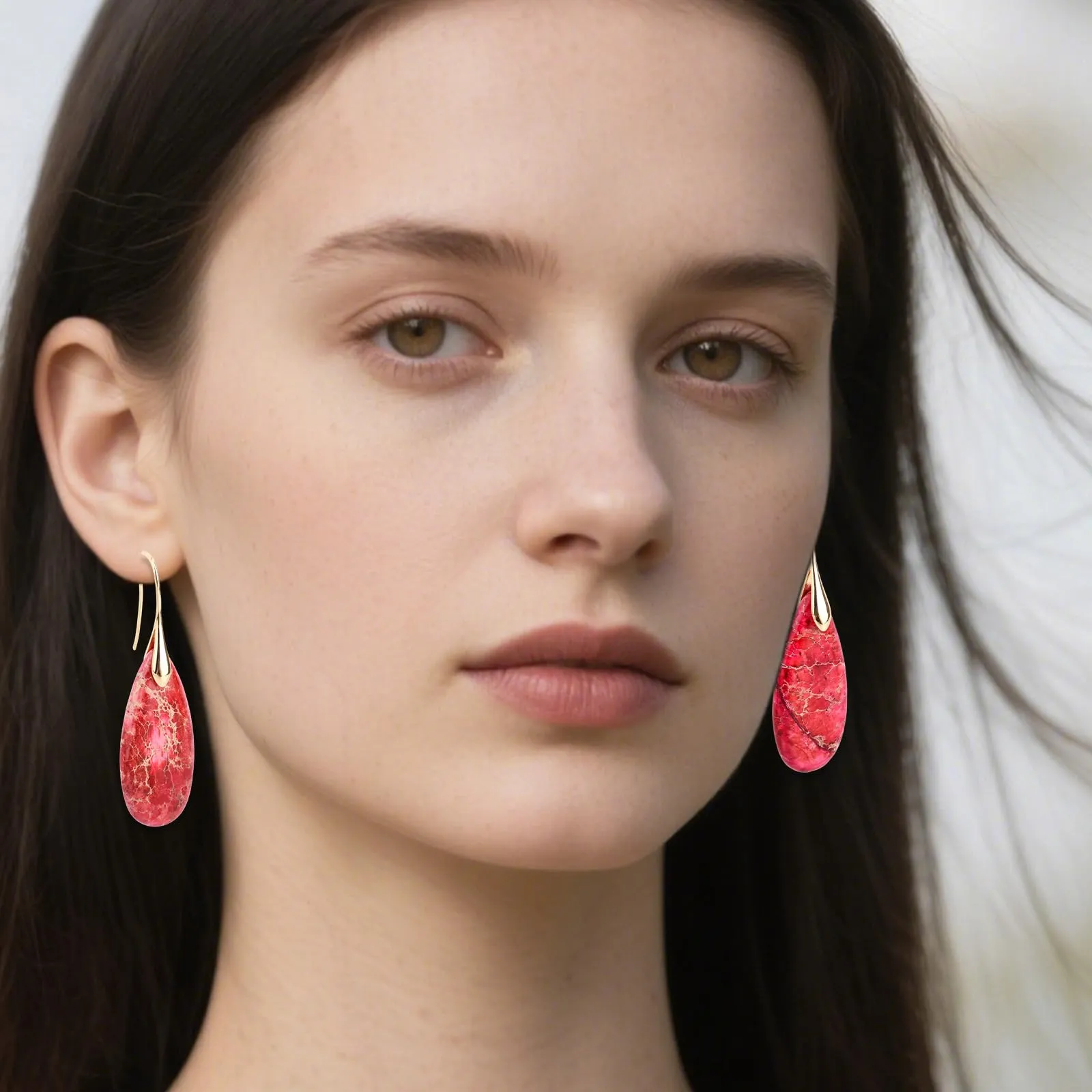 Orecchini in Pietra Naturale, Orecchini Pendenti a Cerchio Leggeri e Alla Moda a Forma di Goccia Gioielli in Pietra Regalo Compleanno per Donna (Rosso, Oro) - immagine 7