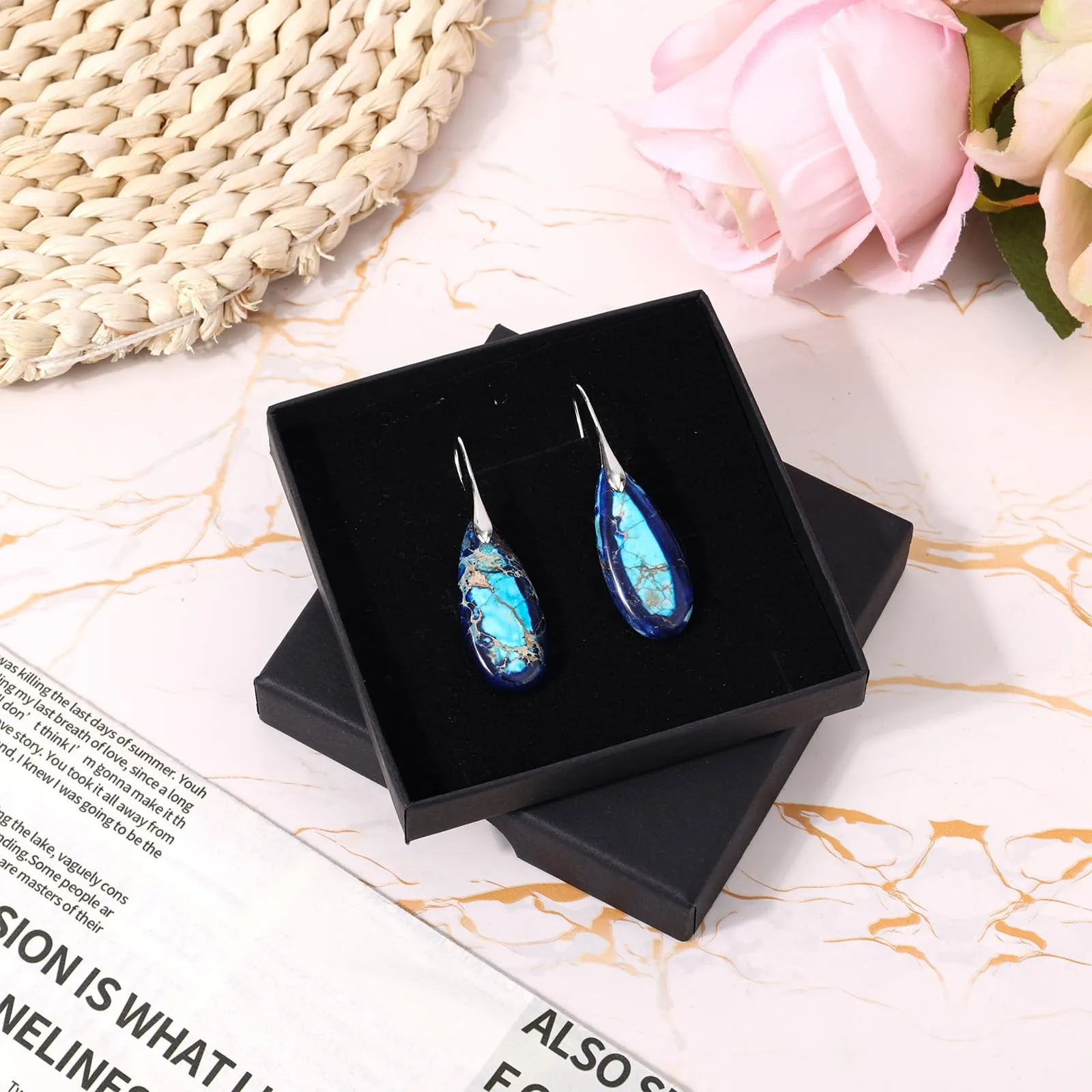 Orecchini in Pietra Naturale, Orecchini Pendenti a Cerchio Leggeri e Alla Moda a Forma di Goccia Gioielli in Pietra Regalo Compleanno per Donna (Blu, Argento) - immagine 3
