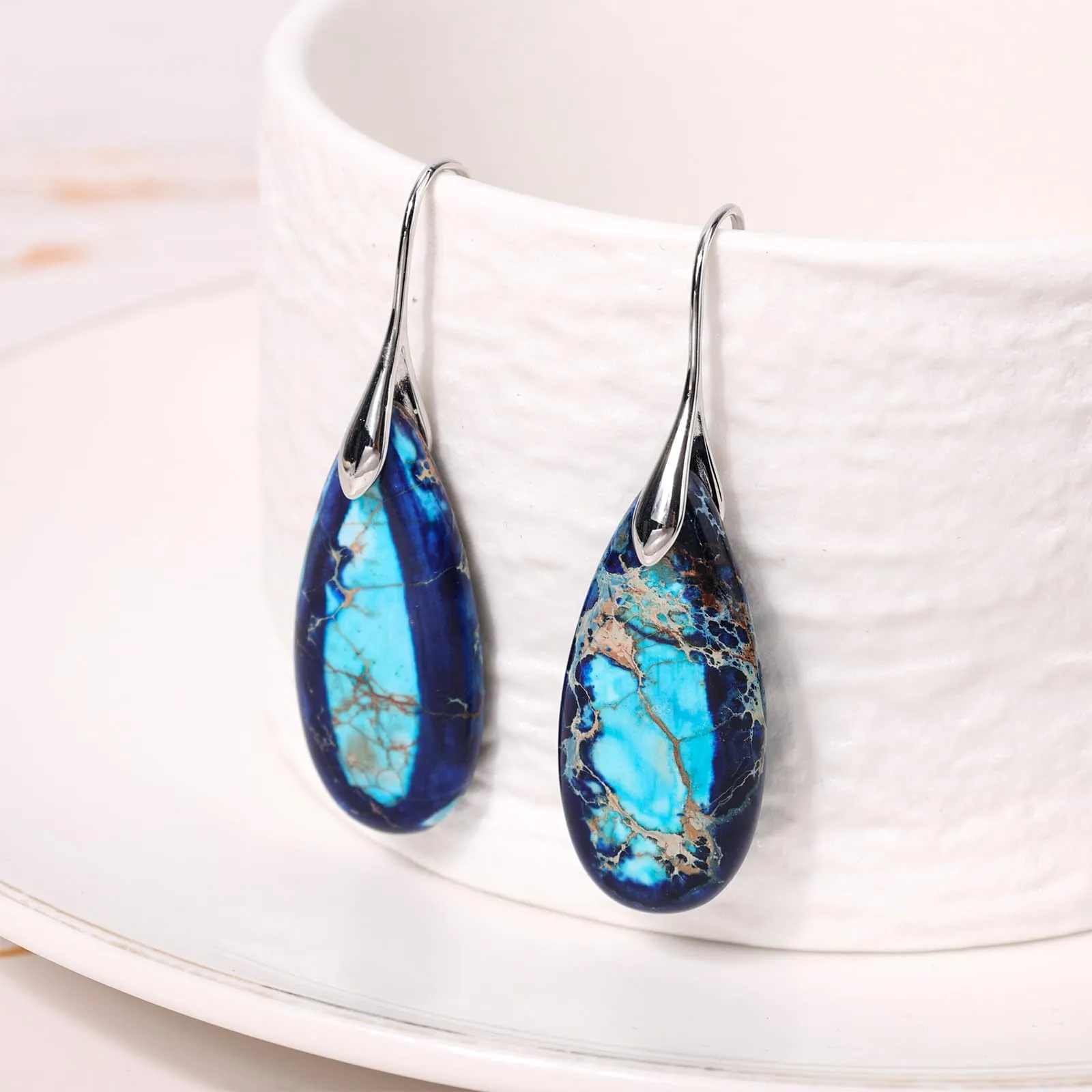 Orecchini in Pietra Naturale, Orecchini Pendenti a Cerchio Leggeri e Alla Moda a Forma di Goccia Gioielli in Pietra Regalo Compleanno per Donna (Blu, Argento) - immagine 4
