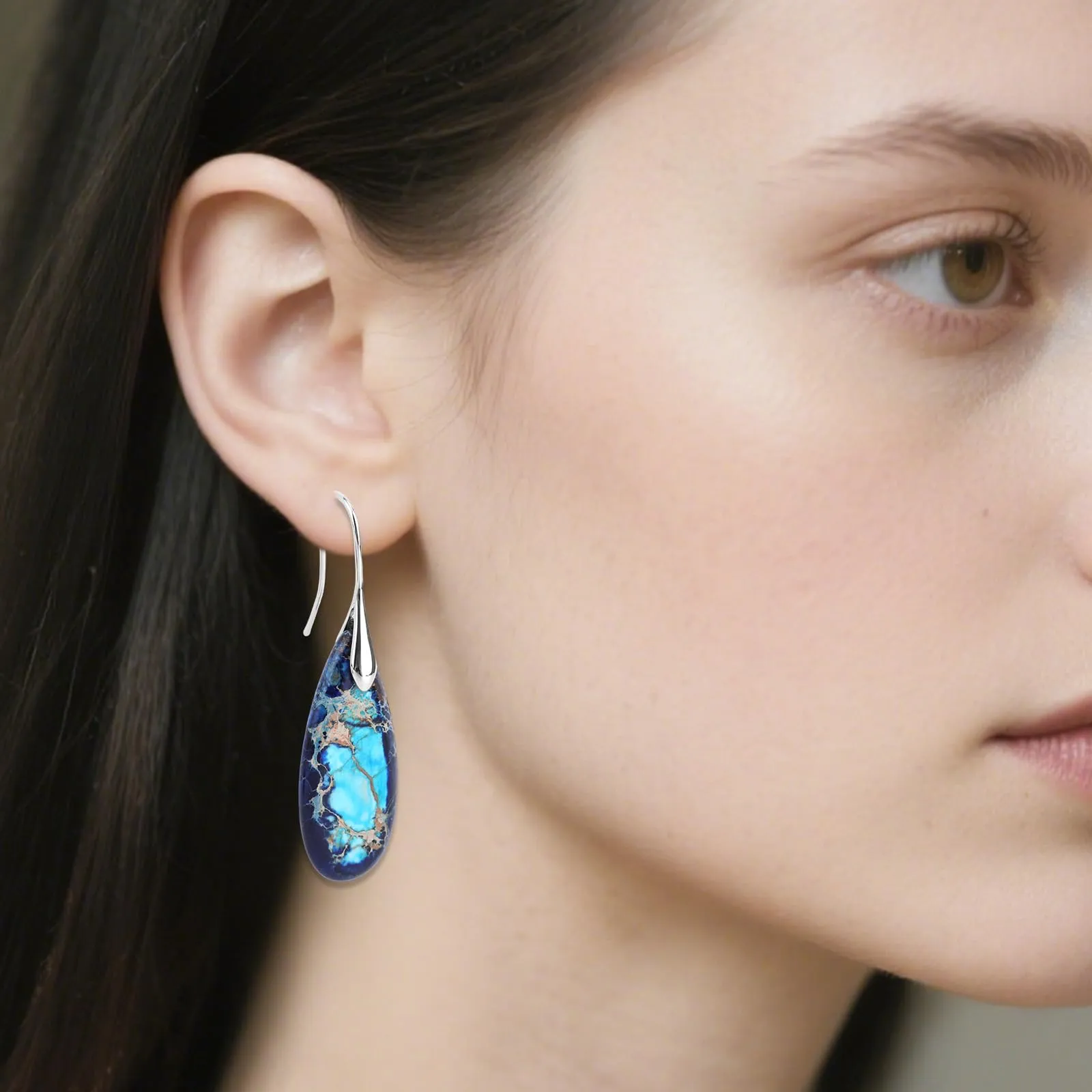 Orecchini in Pietra Naturale, Orecchini Pendenti a Cerchio Leggeri e Alla Moda a Forma di Goccia Gioielli in Pietra Regalo Compleanno per Donna (Blu, Argento) - immagine 5