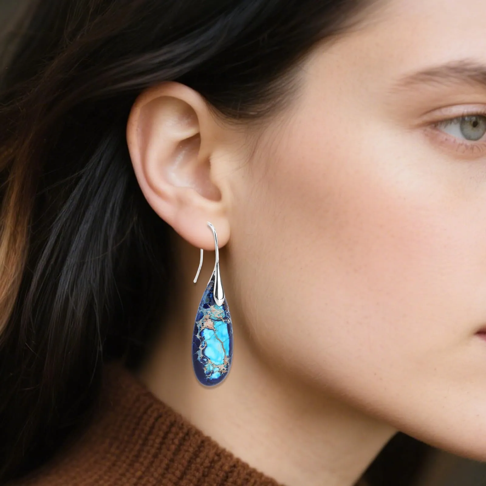 Orecchini in Pietra Naturale, Orecchini Pendenti a Cerchio Leggeri e Alla Moda a Forma di Goccia Gioielli in Pietra Regalo Compleanno per Donna (Blu, Argento) - immagine 6