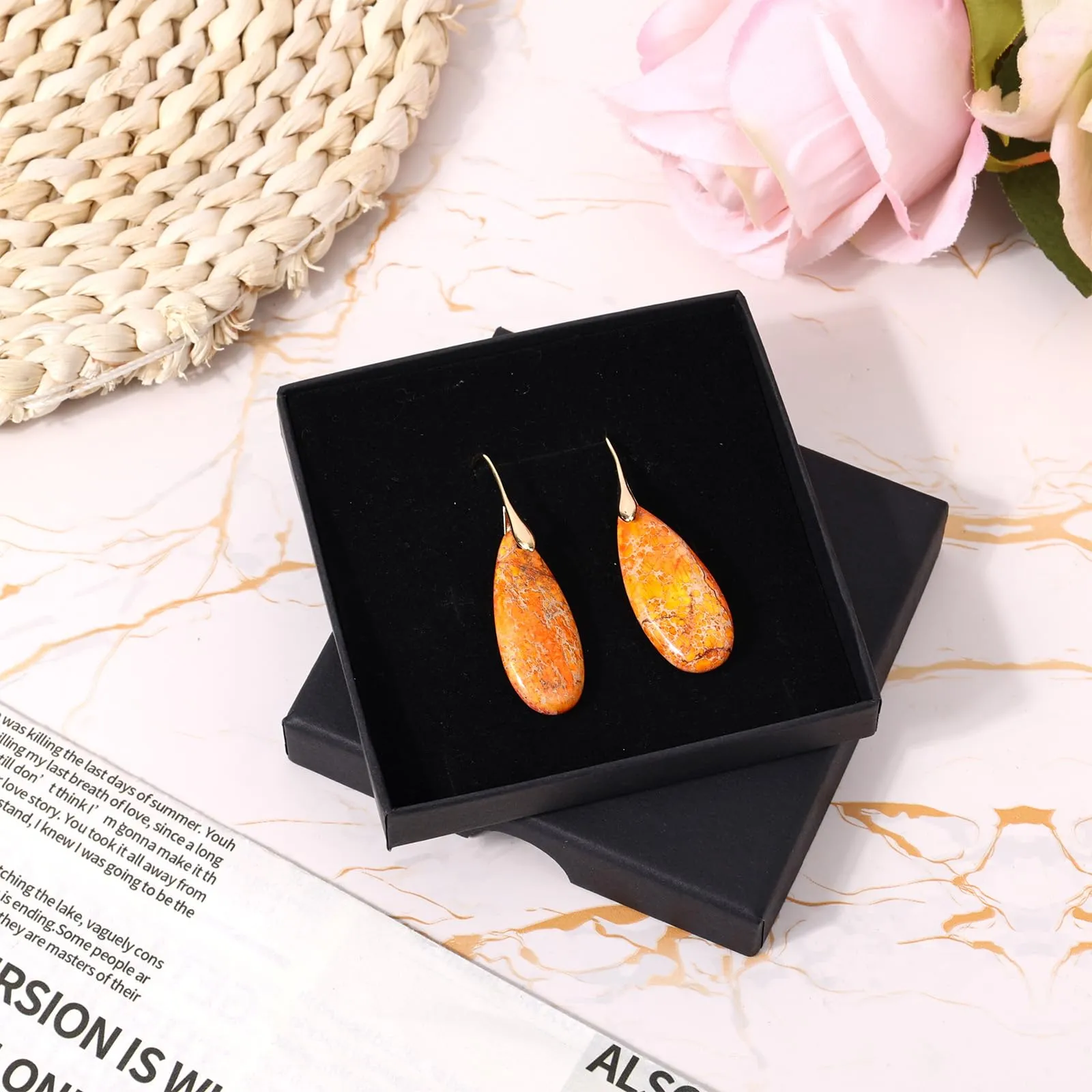 Orecchini in Pietra Naturale, Orecchini Pendenti a Cerchio Leggeri e Alla Moda a Forma di Goccia Gioielli in Pietra Regalo Compleanno per Donna (Arancione, Oro) - immagine 3