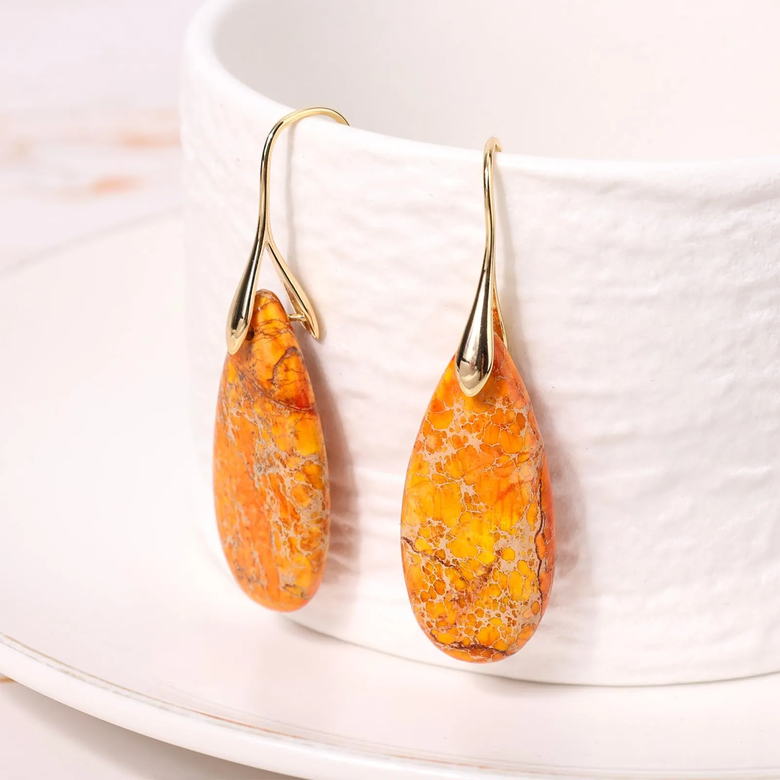 Orecchini in Pietra Naturale, Orecchini Pendenti a Cerchio Leggeri e Alla Moda a Forma di Goccia Gioielli in Pietra Regalo Compleanno per Donna (Arancione, Oro) - immagine 4