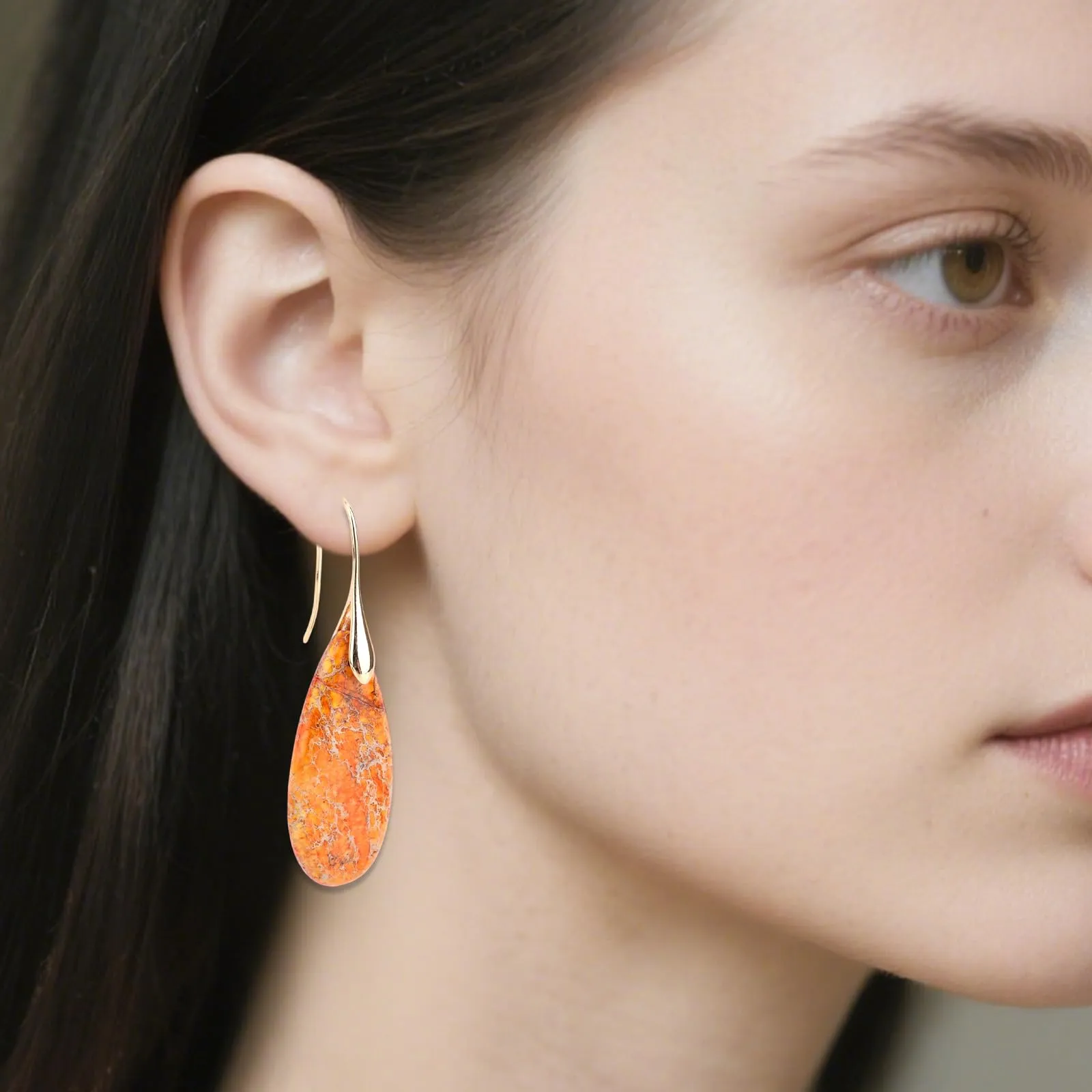 Orecchini in Pietra Naturale, Orecchini Pendenti a Cerchio Leggeri e Alla Moda a Forma di Goccia Gioielli in Pietra Regalo Compleanno per Donna (Arancione, Oro) - immagine 5