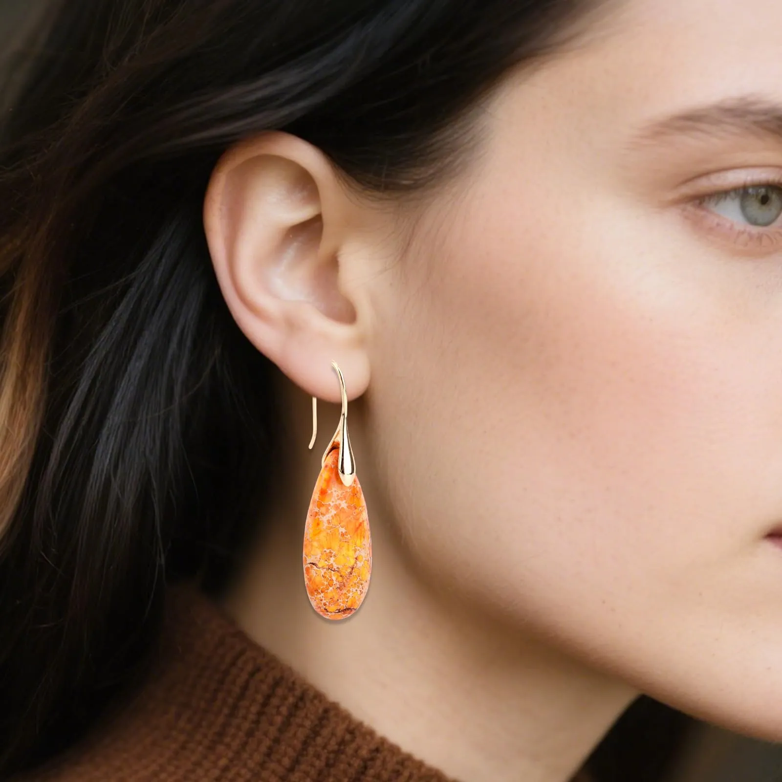 Orecchini in Pietra Naturale, Orecchini Pendenti a Cerchio Leggeri e Alla Moda a Forma di Goccia Gioielli in Pietra Regalo Compleanno per Donna (Arancione, Oro) - immagine 6