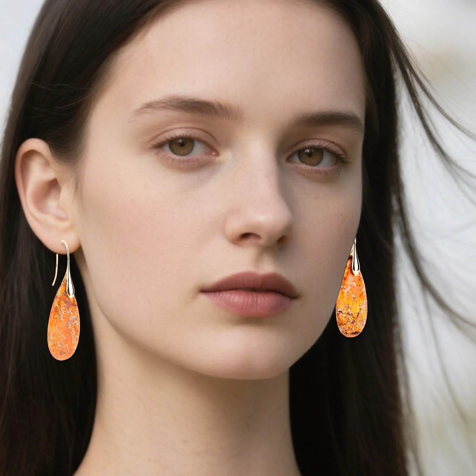 Orecchini in Pietra Naturale, Orecchini Pendenti a Cerchio Leggeri e Alla Moda a Forma di Goccia Gioielli in Pietra Regalo Compleanno per Donna (Arancione, Oro) - immagine 7