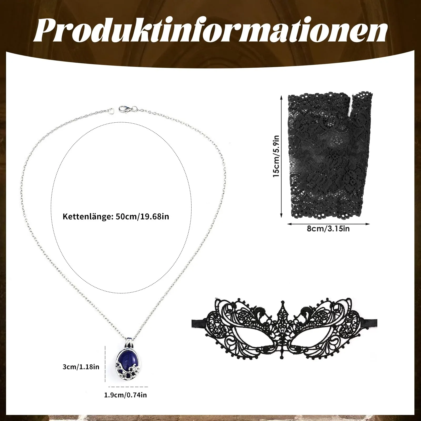 Confezione da 3 accessori per costume da vampiro Elena Cosplay con collana Katherine blu, elegante maschera in pizzo e guanti, accessori da vampiro per donna, ideale per Halloween e feste a tema in - immagine 2