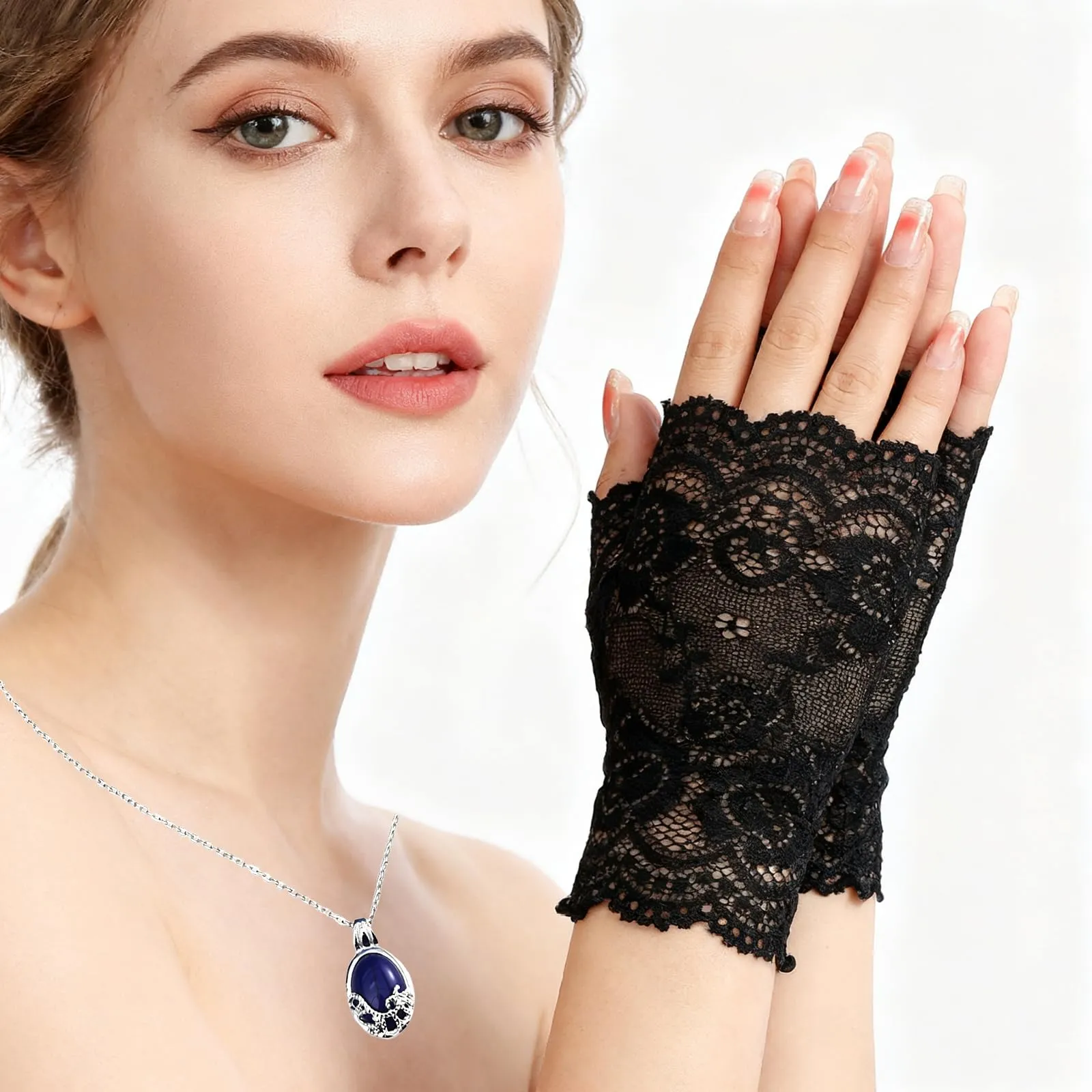 Confezione da 3 accessori per costume da vampiro Elena Cosplay con collana Katherine blu, elegante maschera in pizzo e guanti, accessori da vampiro per donna, ideale per Halloween e feste a tema in - immagine 5