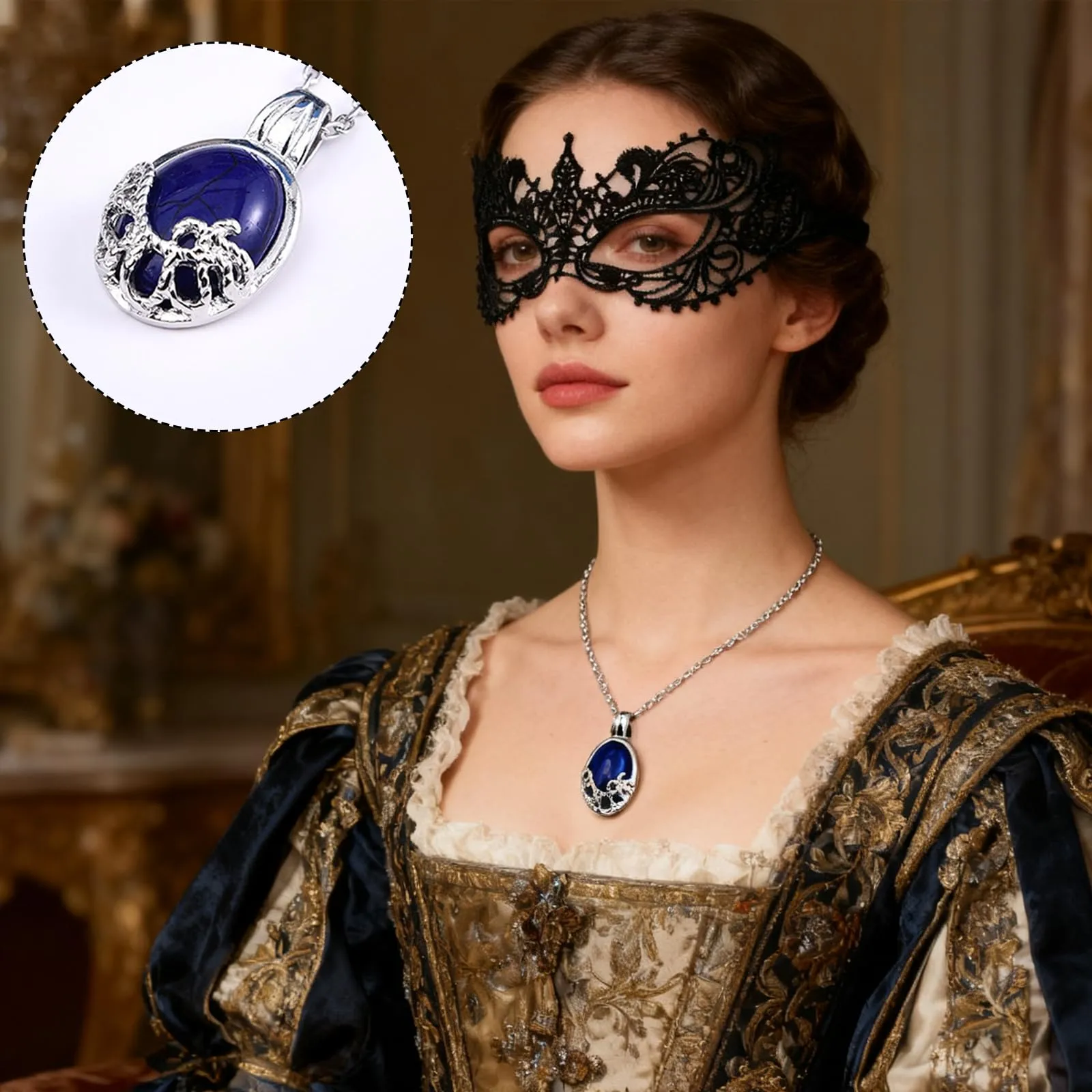 Confezione da 3 accessori per costume da vampiro Elena Cosplay con collana Katherine blu, elegante maschera in pizzo e guanti, accessori da vampiro per donna, ideale per Halloween e feste a tema in - immagine 6