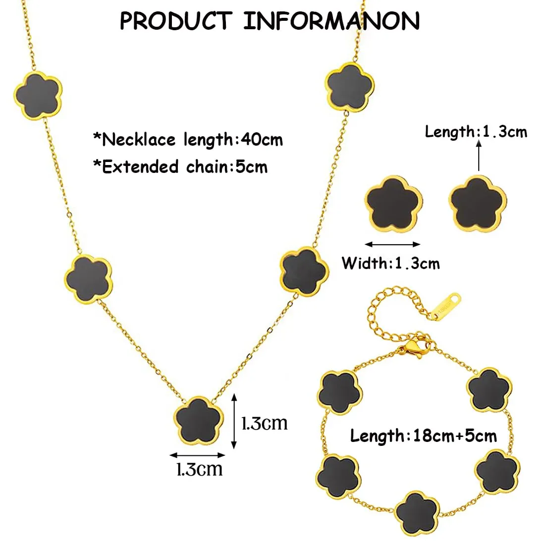XIWCAFC Parure Gioielli Quadrifoglio per Donna 18K Placcato Oro Acciaio Inossidabile Fortunato Quadrifoglio Collana Orecchini Bracciali Set di Gioielli Sposa Regalo Dirndl Gioielli (Nero) - immagine 2