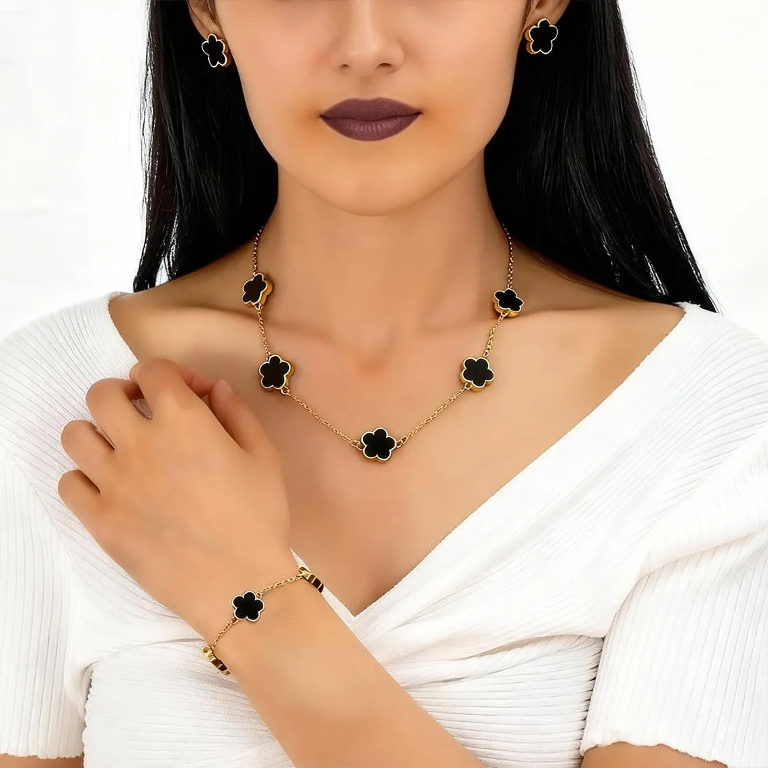XIWCAFC Parure Gioielli Quadrifoglio per Donna 18K Placcato Oro Acciaio Inossidabile Fortunato Quadrifoglio Collana Orecchini Bracciali Set di Gioielli Sposa Regalo Dirndl Gioielli (Nero) - immagine 5