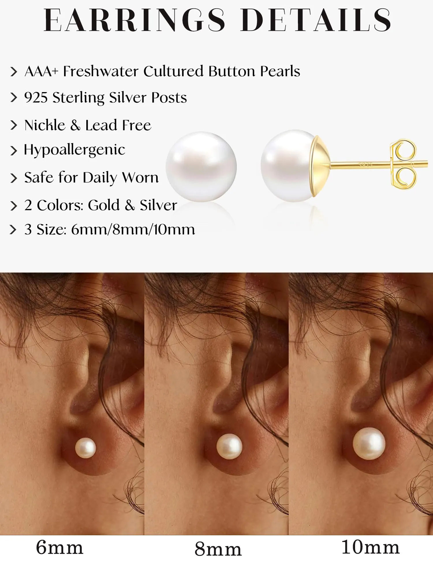 ZNBOH Orecchini Perle Donna Argento 925/Oro Anallergici Orecchini Perle Vere Perline Sfera Rotonda Zirconi Orecchini a Bottone Sposa Matrimonio Cartilagine Trago Helix Piercings Gioielli - immagine 3