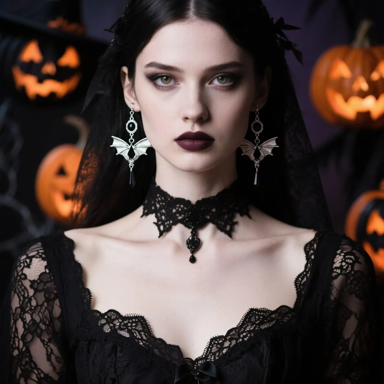 Orecchini gotici, a forma di pipipistrello, orecchini gotici, orecchini lunghi da vampiro, per ragazze e donne, Mittel, Lega di acciaio, Nessuna pietra preziosa (Nero) - immagine 4