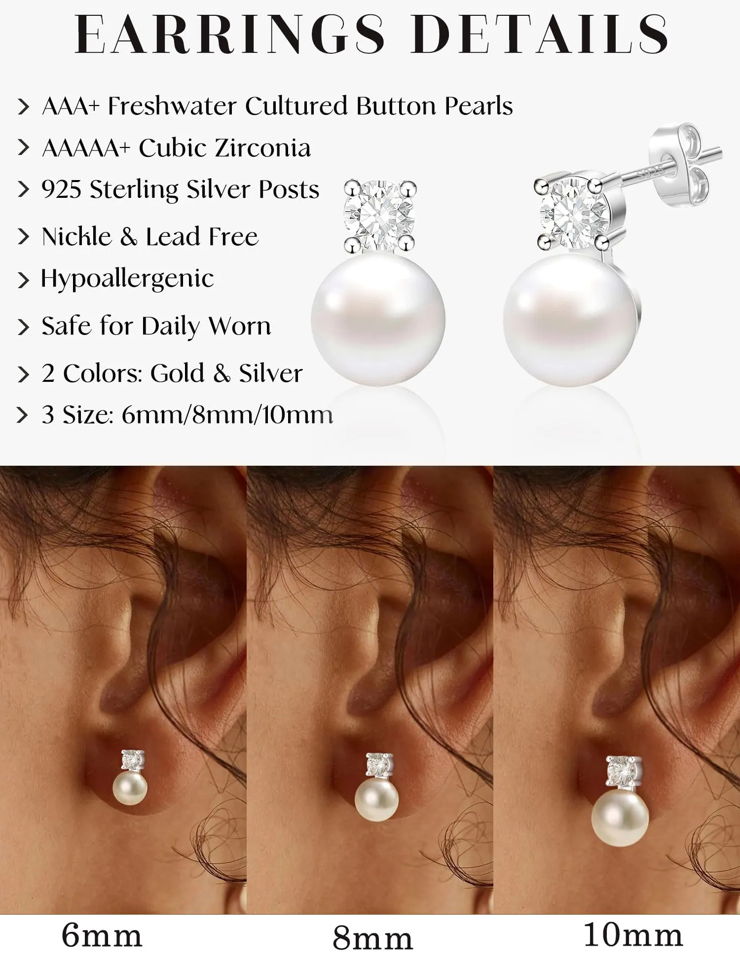 ZNBOH Orecchini Perle Donna Anallergici Perle Vere Perline Sfera Rotonda Orecchini a Bottone Zirconi Orecchini Sposa Matrimonio Cartilagine Trago Helix Piercings Gioielli Argento 6mm - immagine 3