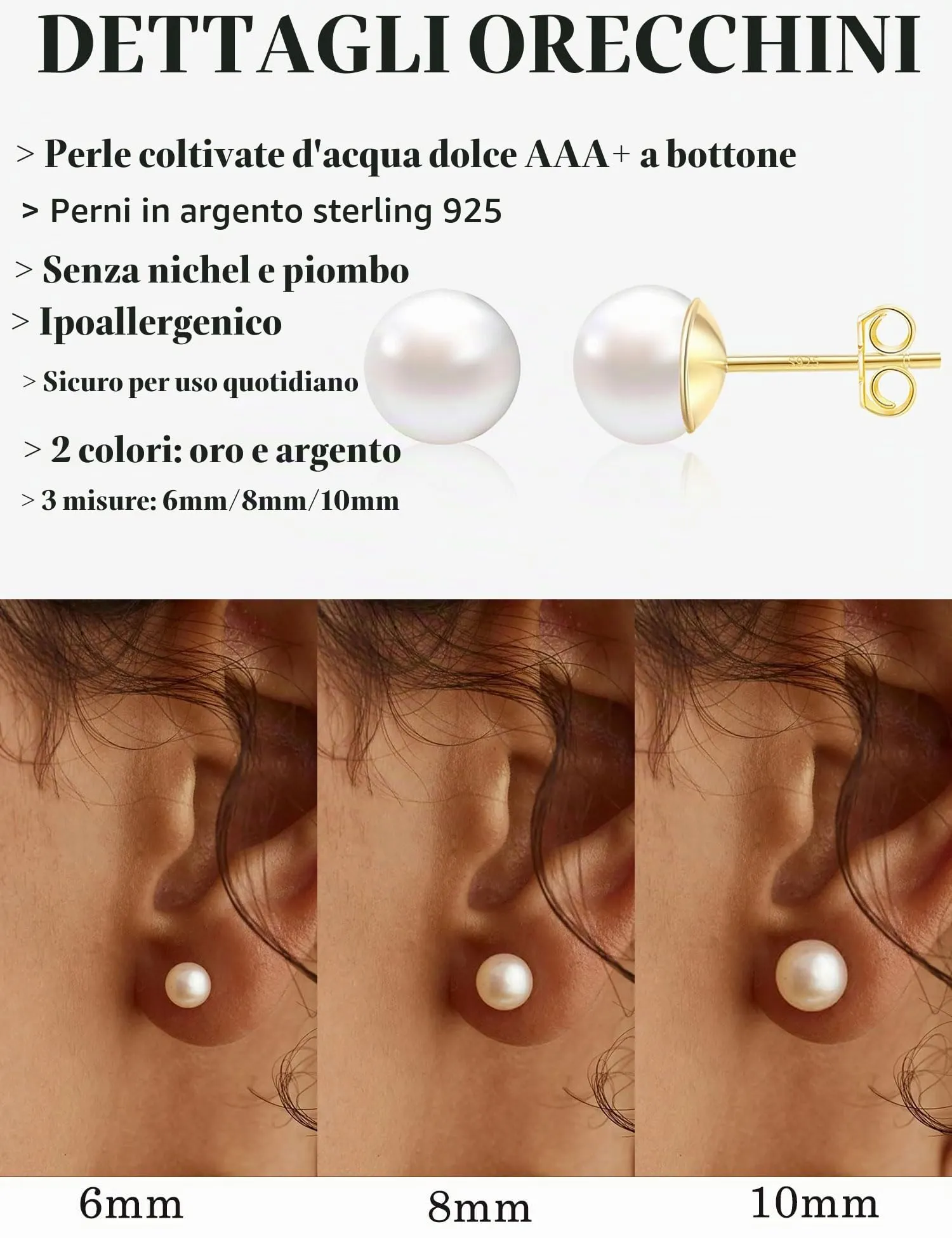 ZNBOH Orecchini Perle Donna Anallergici Perle Vere Perline Sfera Rotonda Orecchini a Bottone Zirconi Orecchini Sposa Matrimonio Cartilagine Trago Helix Piercings Gioielli Argento 8mm - immagine 3