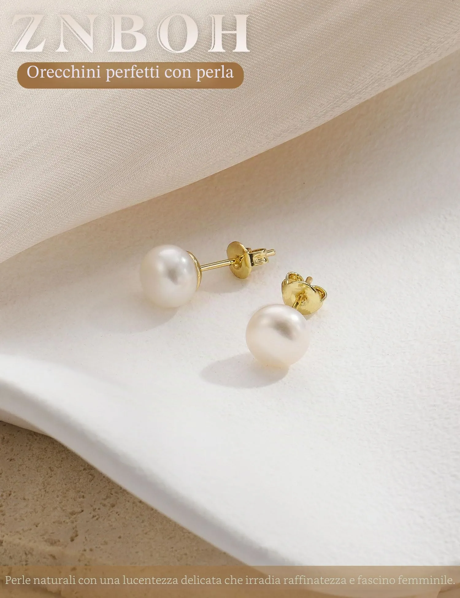 ZNBOH Orecchini Perle Donna Anallergici Perle Vere Perline Sfera Rotonda Orecchini a Bottone Zirconi Orecchini Sposa Matrimonio Cartilagine Trago Helix Piercings Gioielli Oro 10mm - immagine 5