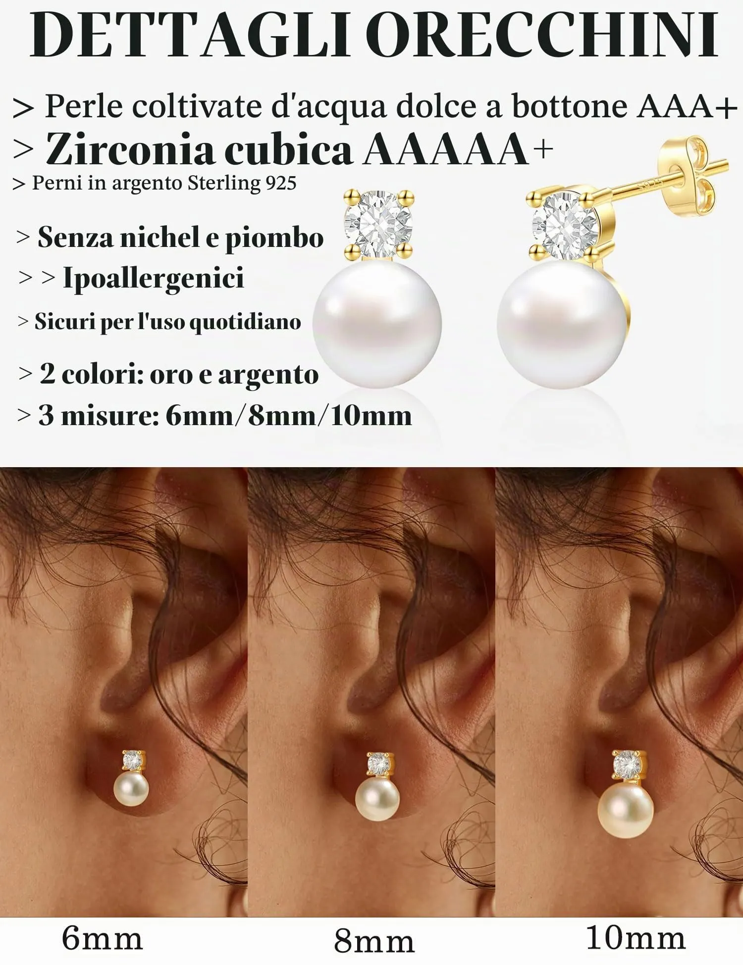 ZNBOH Orecchini Perle Donna Anallergici Perle Vere Perline Sfera Rotonda Orecchini a Bottone Zirconi Orecchini Sposa Matrimonio Cartilagine Trago Helix Piercings Gioielli Oro 8mm - immagine 3