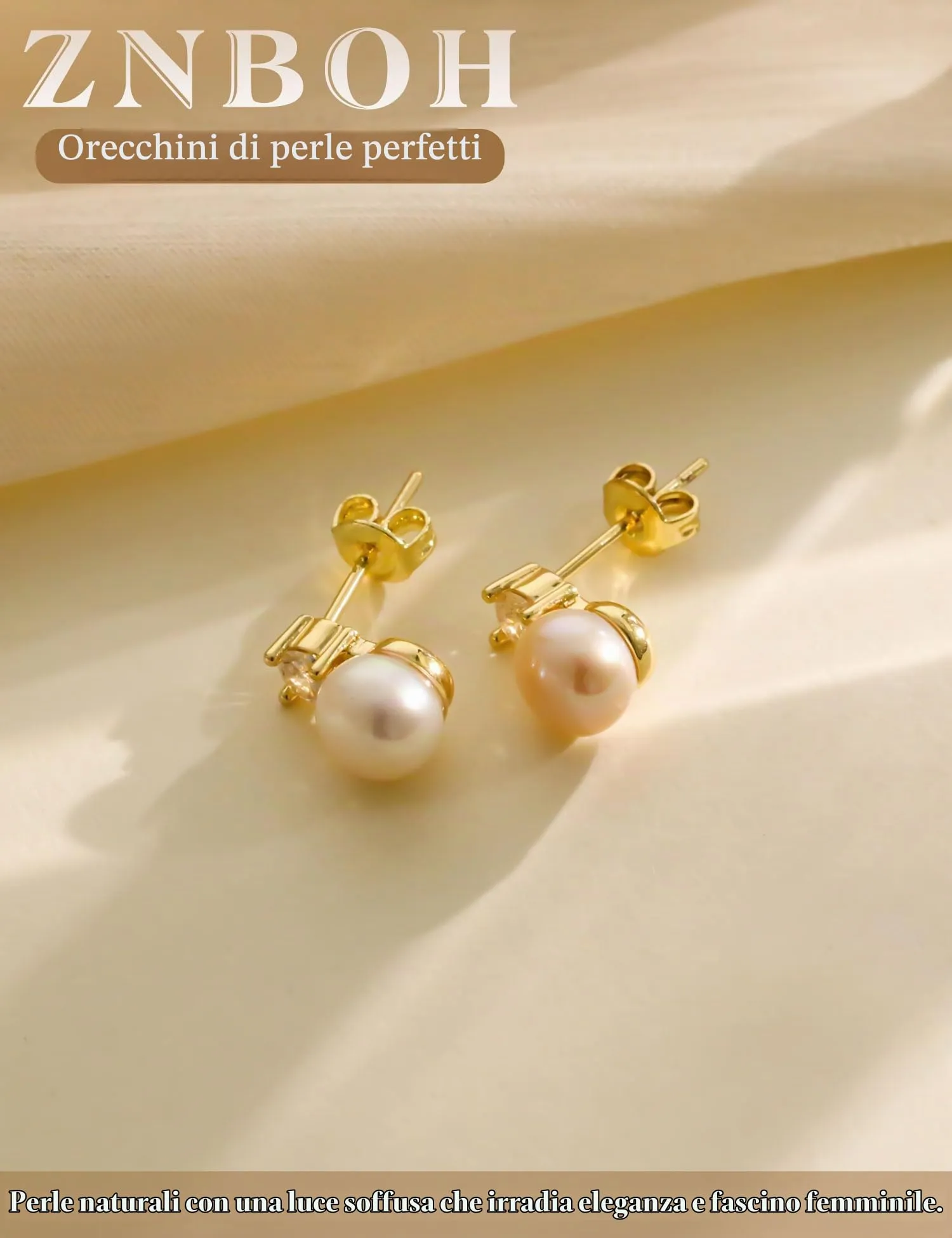 ZNBOH Orecchini Perle Donna Anallergici Perle Vere Perline Sfera Rotonda Orecchini a Bottone Zirconi Orecchini Sposa Matrimonio Cartilagine Trago Helix Piercings Gioielli Oro 8mm - immagine 5