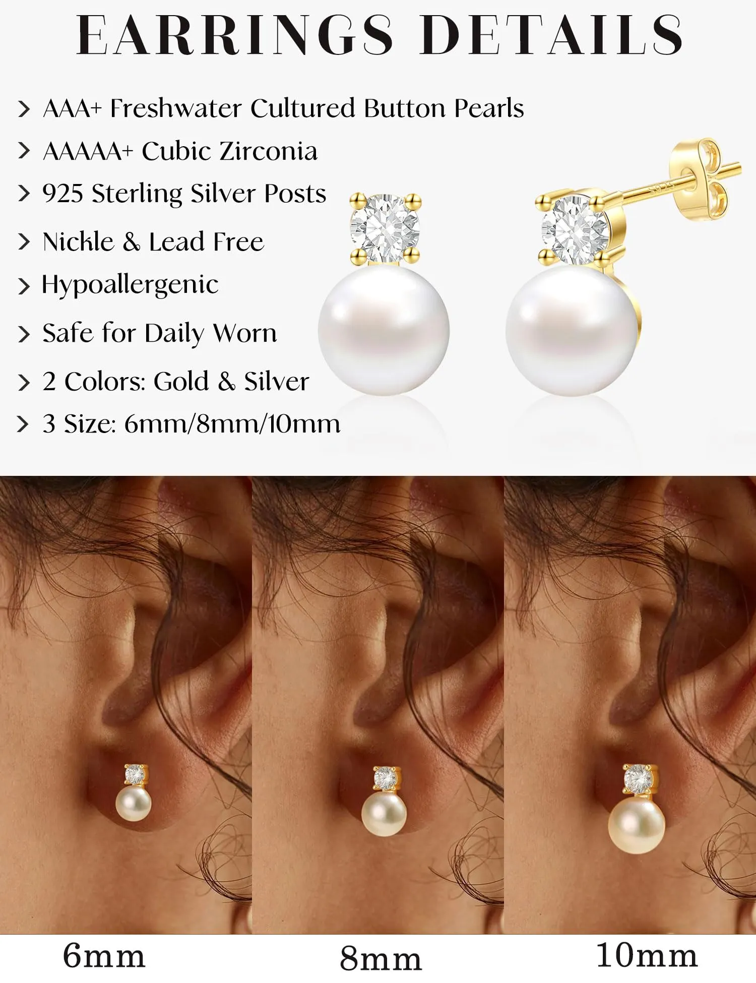 ZNBOH Orecchini Perle Donna Anallergici Perle Vere Perline Sfera Rotonda Orecchini a Bottone Zirconi Orecchini Sposa Matrimonio Cartilagine Trago Helix Piercings Gioielli Oro 10mm - immagine 3