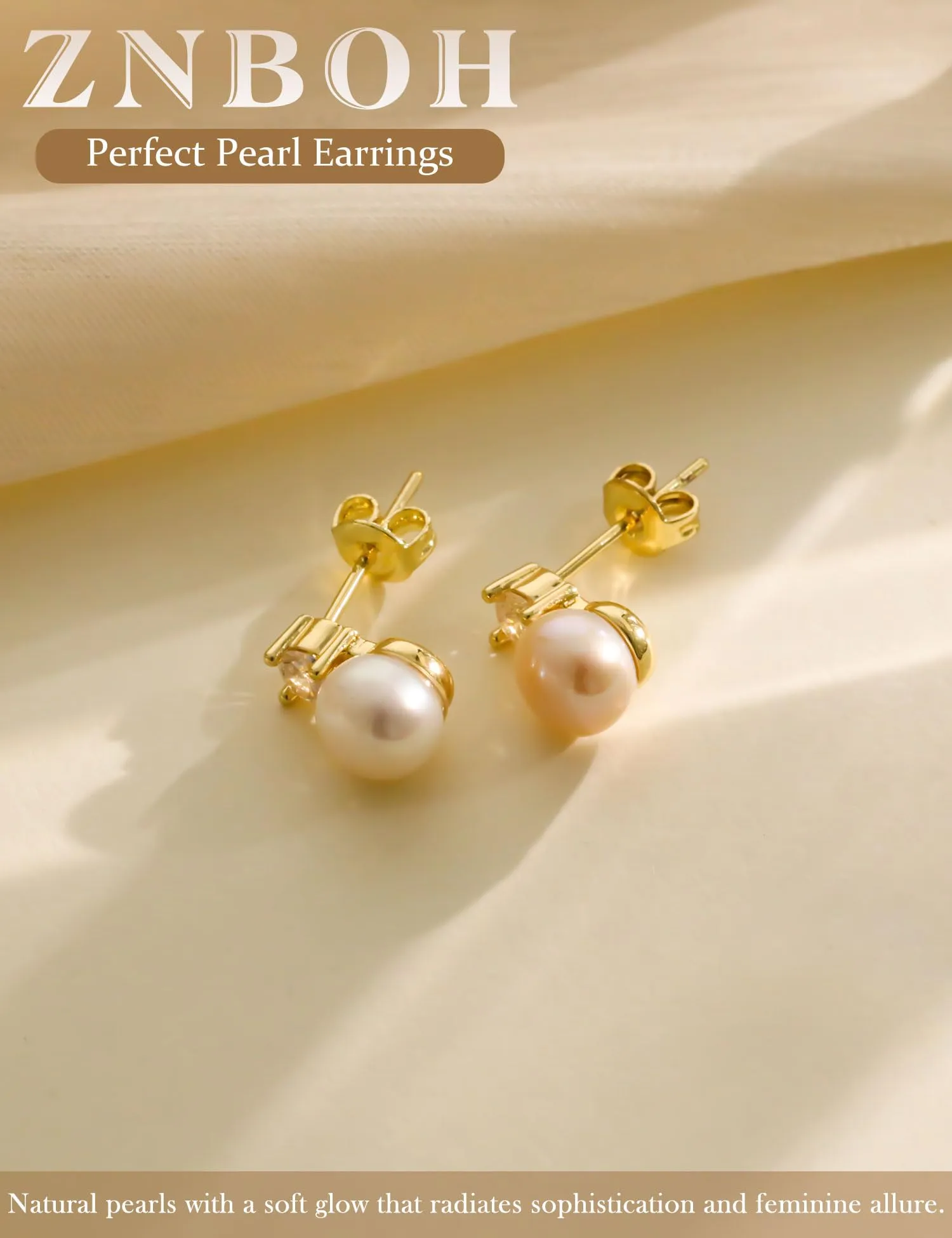 ZNBOH Orecchini Perle Donna Anallergici Perle Vere Perline Sfera Rotonda Orecchini a Bottone Zirconi Orecchini Sposa Matrimonio Cartilagine Trago Helix Piercings Gioielli Oro 10mm - immagine 5