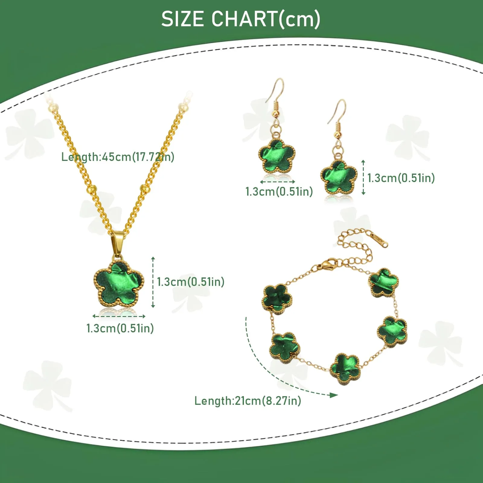 Parure Gioielli Quadrifoglio da Donna Ragazze 18K Placcato Acciaio Inossidabile Ciondolo a Due Lati Fortunato Quadrifoglio Collana Orecchini Bracciali a Forma di Cinque Foglie Set di Gioielli (Verde) - immagine 2