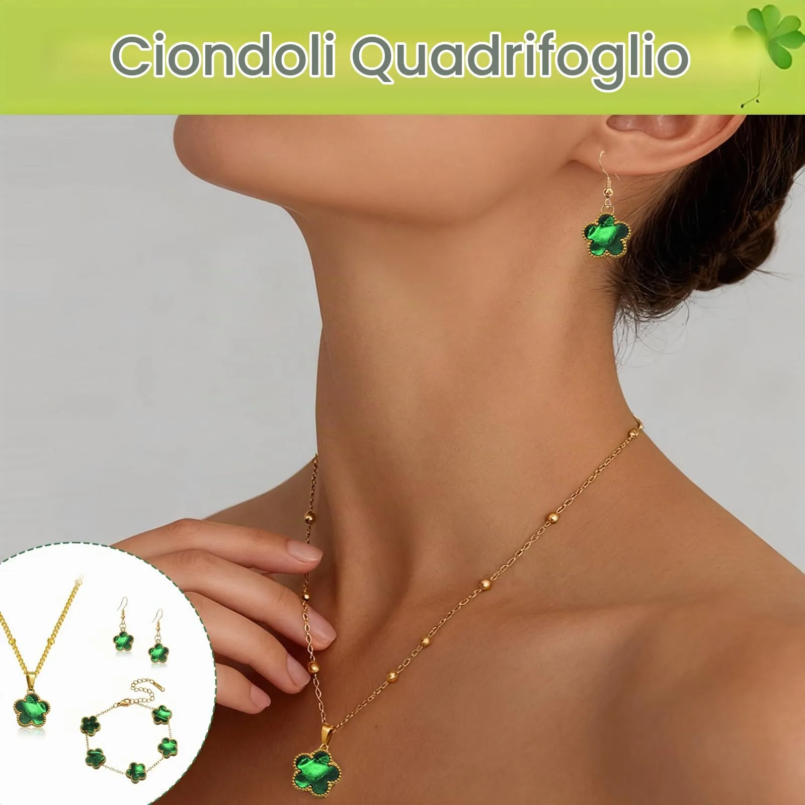Parure Gioielli Quadrifoglio da Donna Ragazze 18K Placcato Acciaio Inossidabile Ciondolo a Due Lati Fortunato Quadrifoglio Collana Orecchini Bracciali a Forma di Cinque Foglie Set di Gioielli (Verde) - immagine 3