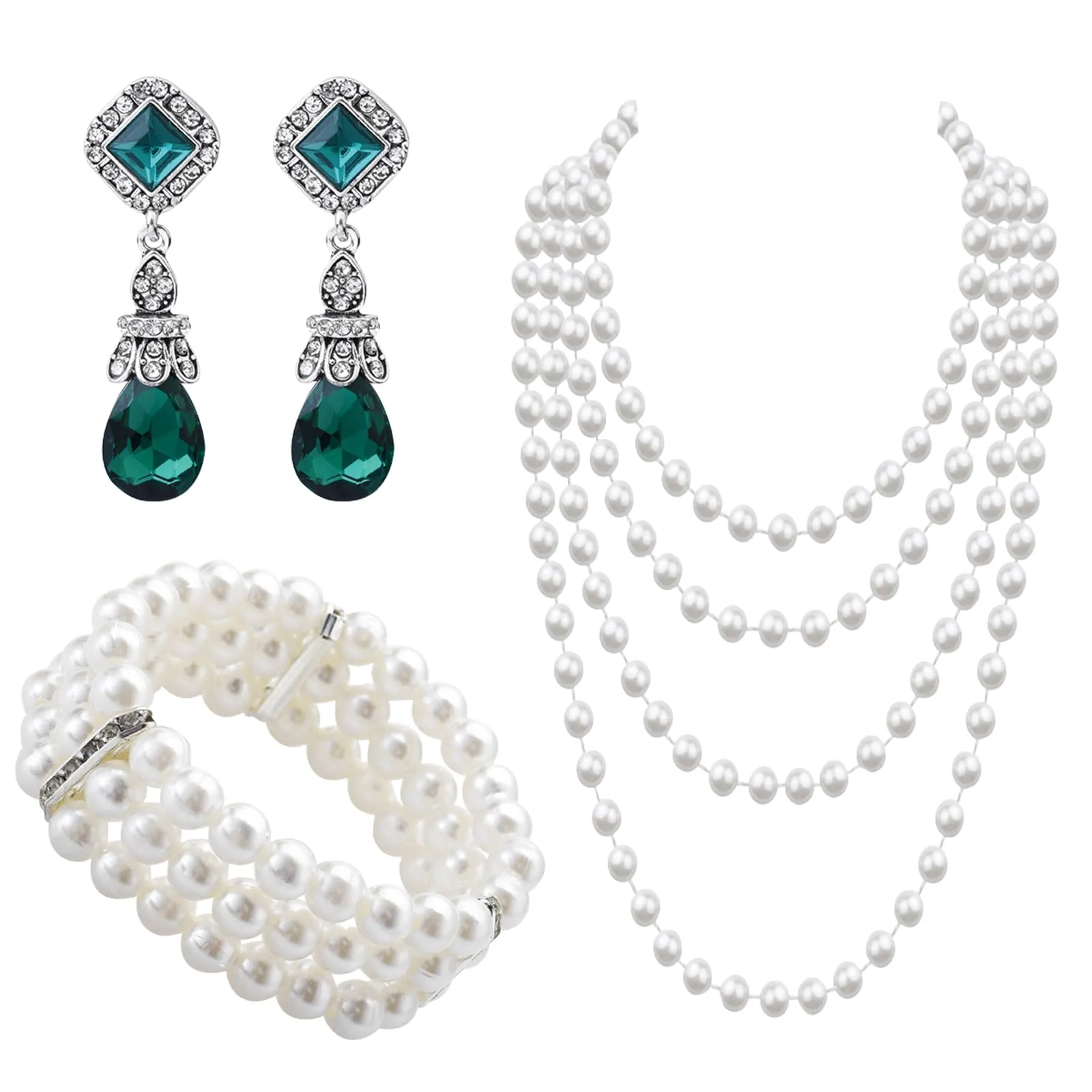 LjFrexia 3 Pezzi Set di Gioielli in Perle Vintage, con Collana, Bracciale a Tripla Fila di Perle e Orecchini con Cristalli, Accessori Anni 1920, per Feste, Matrimoni e Festival - immagine 1