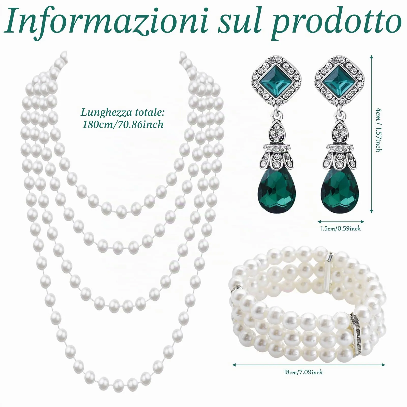 LjFrexia 3 Pezzi Set di Gioielli in Perle Vintage, con Collana, Bracciale a Tripla Fila di Perle e Orecchini con Cristalli, Accessori Anni 1920, per Feste, Matrimoni e Festival - immagine 2