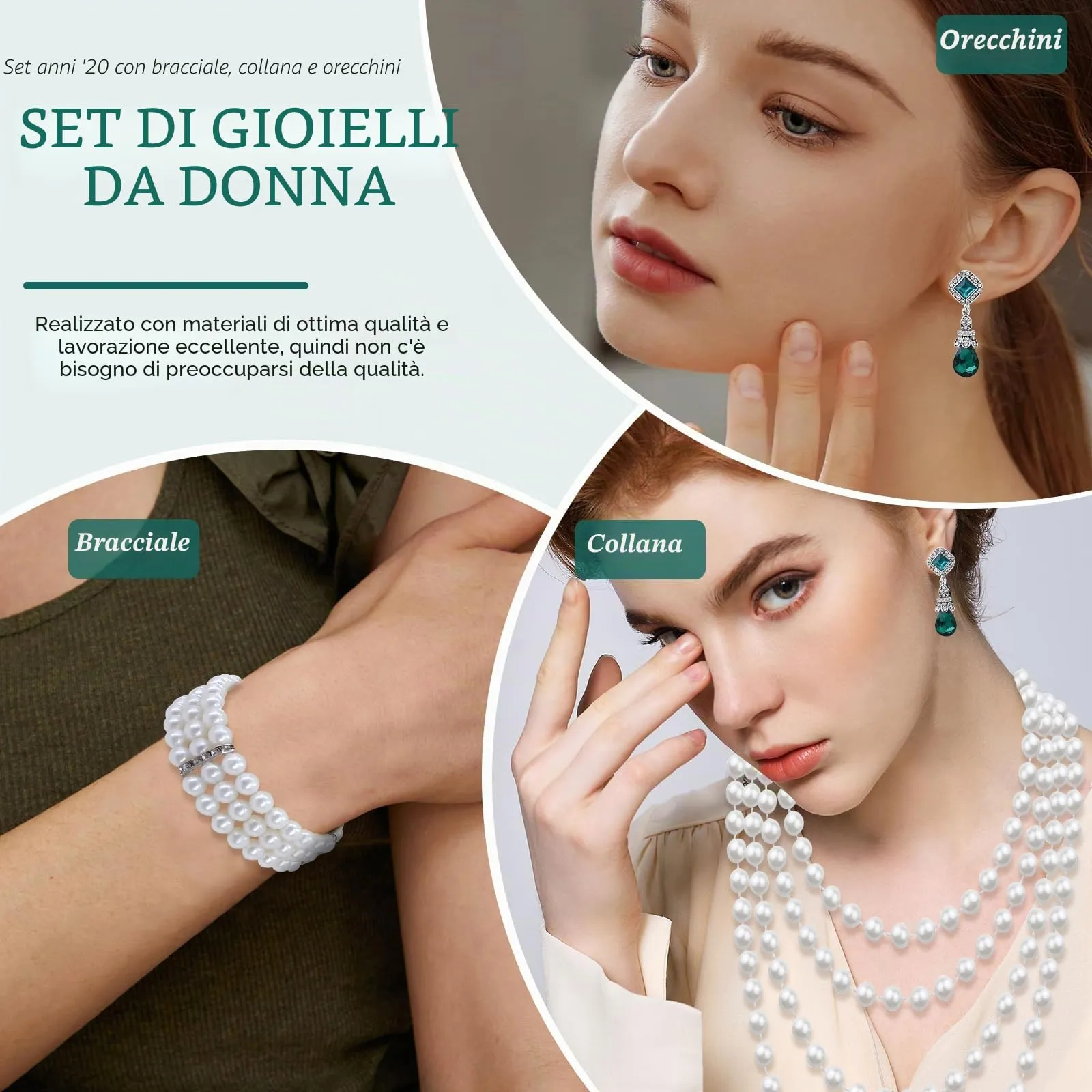 LjFrexia 3 Pezzi Set di Gioielli in Perle Vintage, con Collana, Bracciale a Tripla Fila di Perle e Orecchini con Cristalli, Accessori Anni 1920, per Feste, Matrimoni e Festival - immagine 3