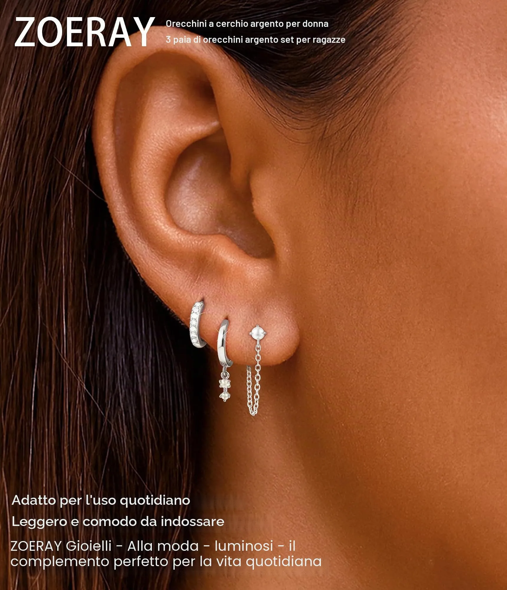 ZOERAY 3Paia Orecchini Donna Argento 925 Oro Placcato 18K Orecchini Cerchio Argento Pendenti con Punto Luce Set Orecchini Bambina Anallergici Impilabile Helix Piercing Regalo per Più Piercing Orecchio - immagine 2