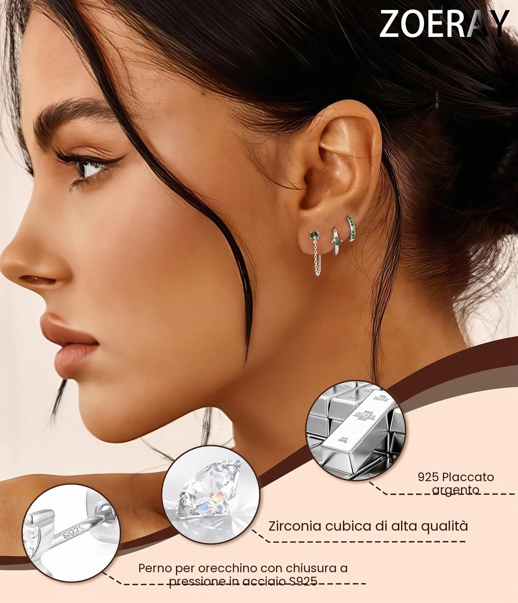 ZOERAY 3Paia Orecchini Donna Argento 925 Oro Placcato 18K Orecchini Cerchio Argento Pendenti con Punto Luce Set Orecchini Bambina Anallergici Impilabile Helix Piercing Regalo per Più Piercing Orecchio - immagine 3