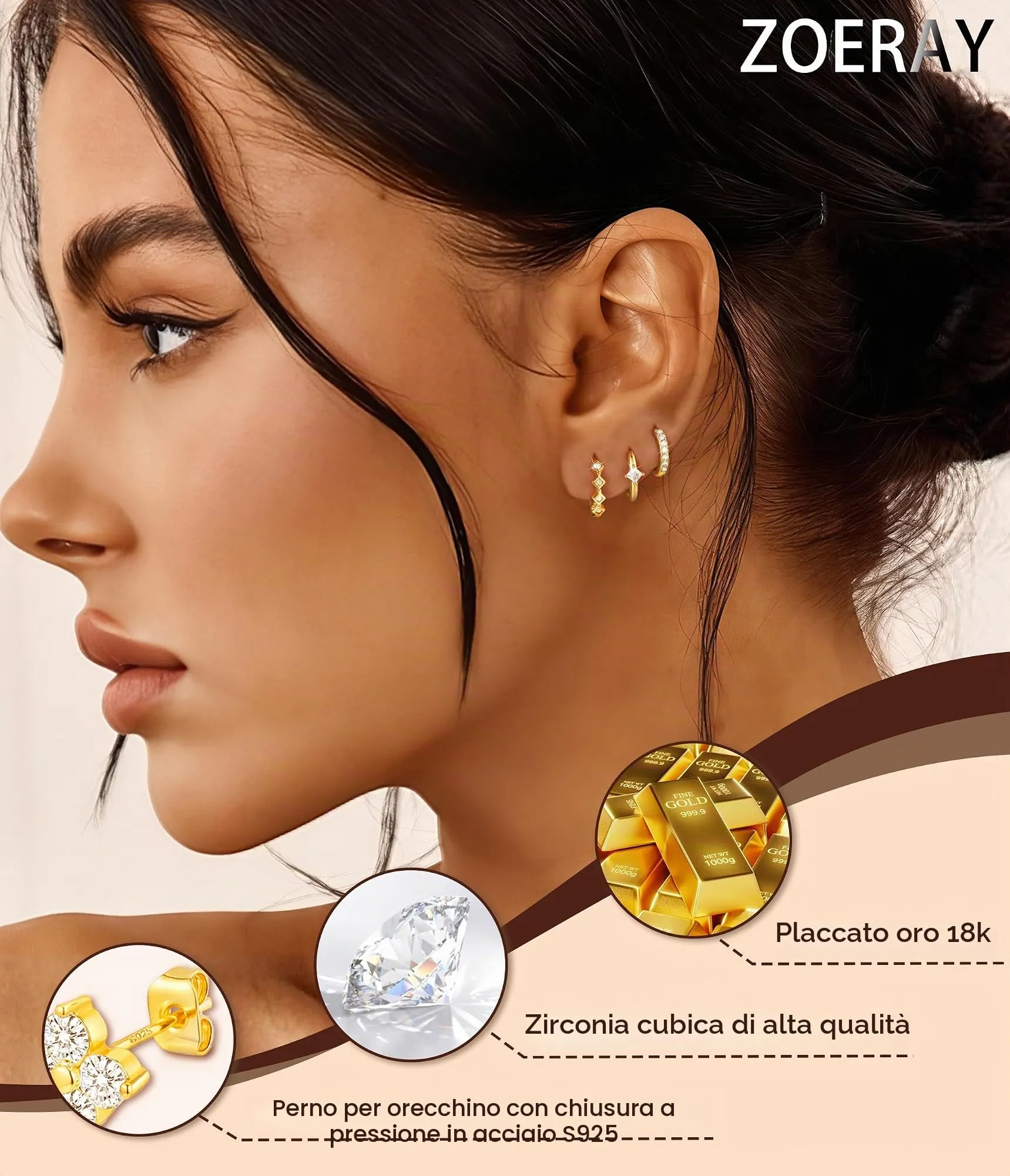 ZOERAY 3Paia Orecchini Donna Argento 925 Oro Placcato 18K Orecchini Cerchio Argento Pendenti con Punto Luce Set Orecchini Bambina Anallergici Impilabile Helix Piercing Regalo per Più Piercing Orecchio - immagine 3