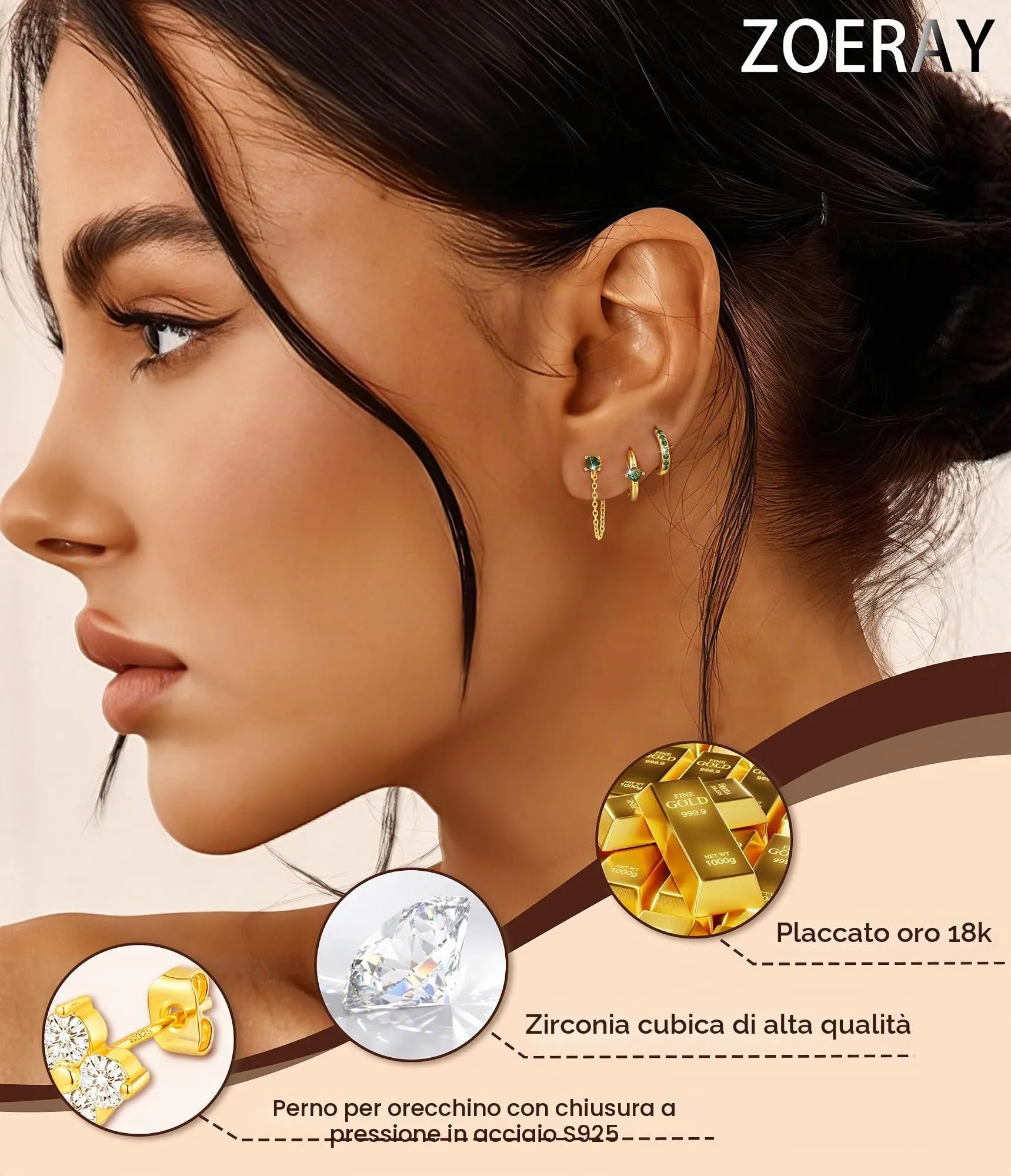 ZOERAY 3Paia Orecchini Donna Argento 925 Oro Placcato 18K Orecchini Cerchio Argento Pendenti con Punto Luce Set Orecchini Bambina Anallergici Impilabile Helix Piercing Regalo per Più Piercing Orecchio - immagine 3