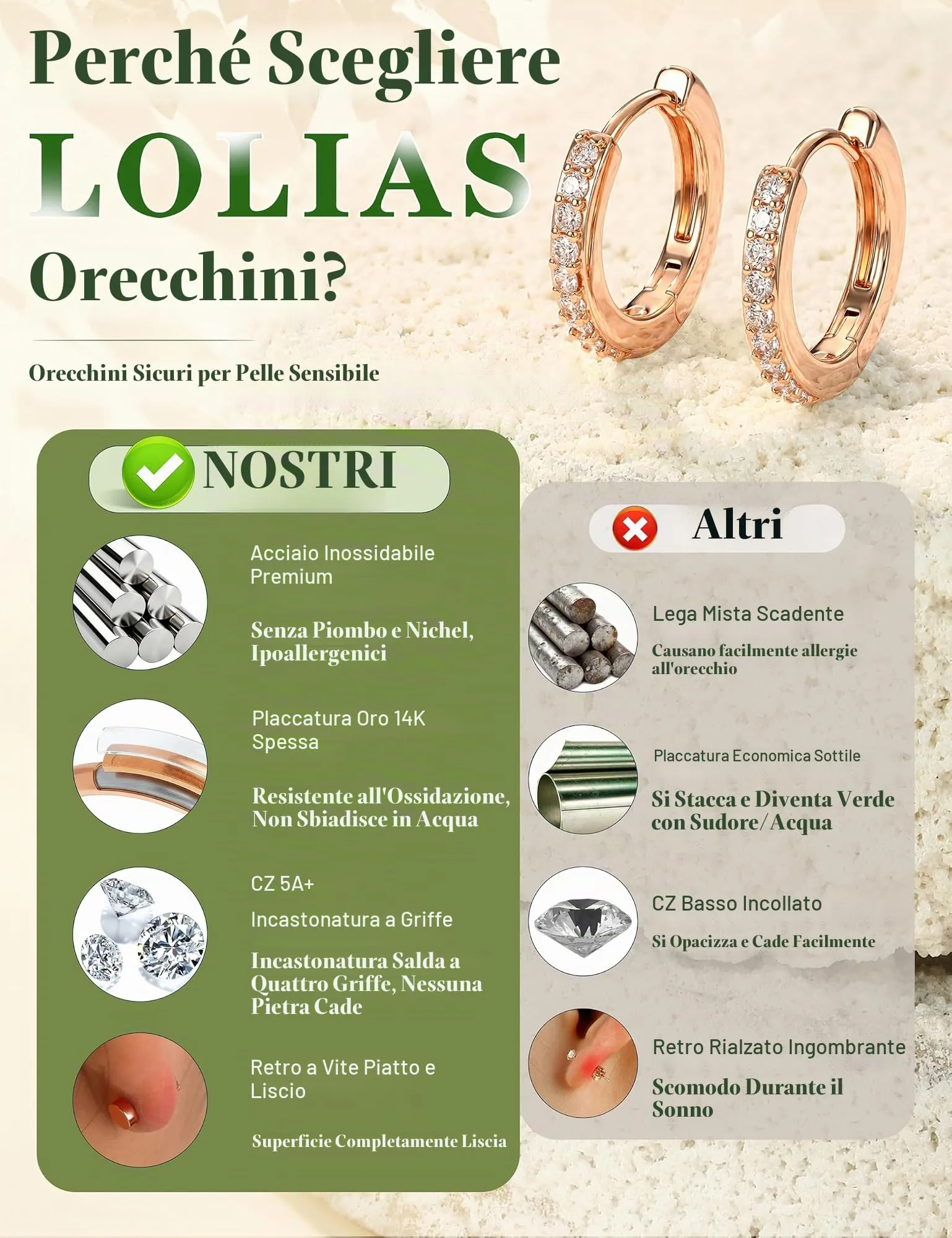 LOLIAS 9 Paia Orecchini Donna Color Oro Rosa Piercing Orecchio - immagine 5