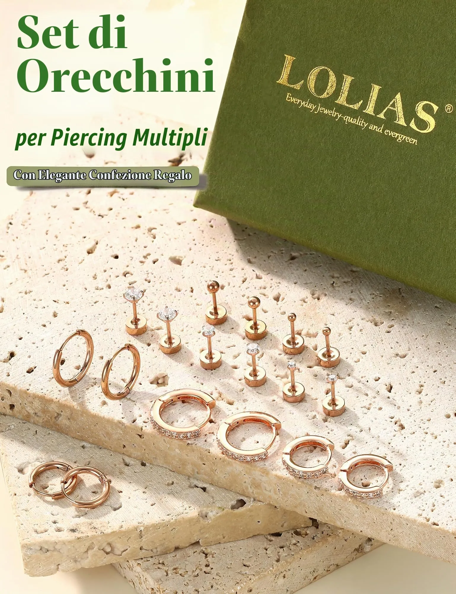 LOLIAS 9 Paia Orecchini Donna Color Oro Rosa Piercing Orecchio - immagine 6
