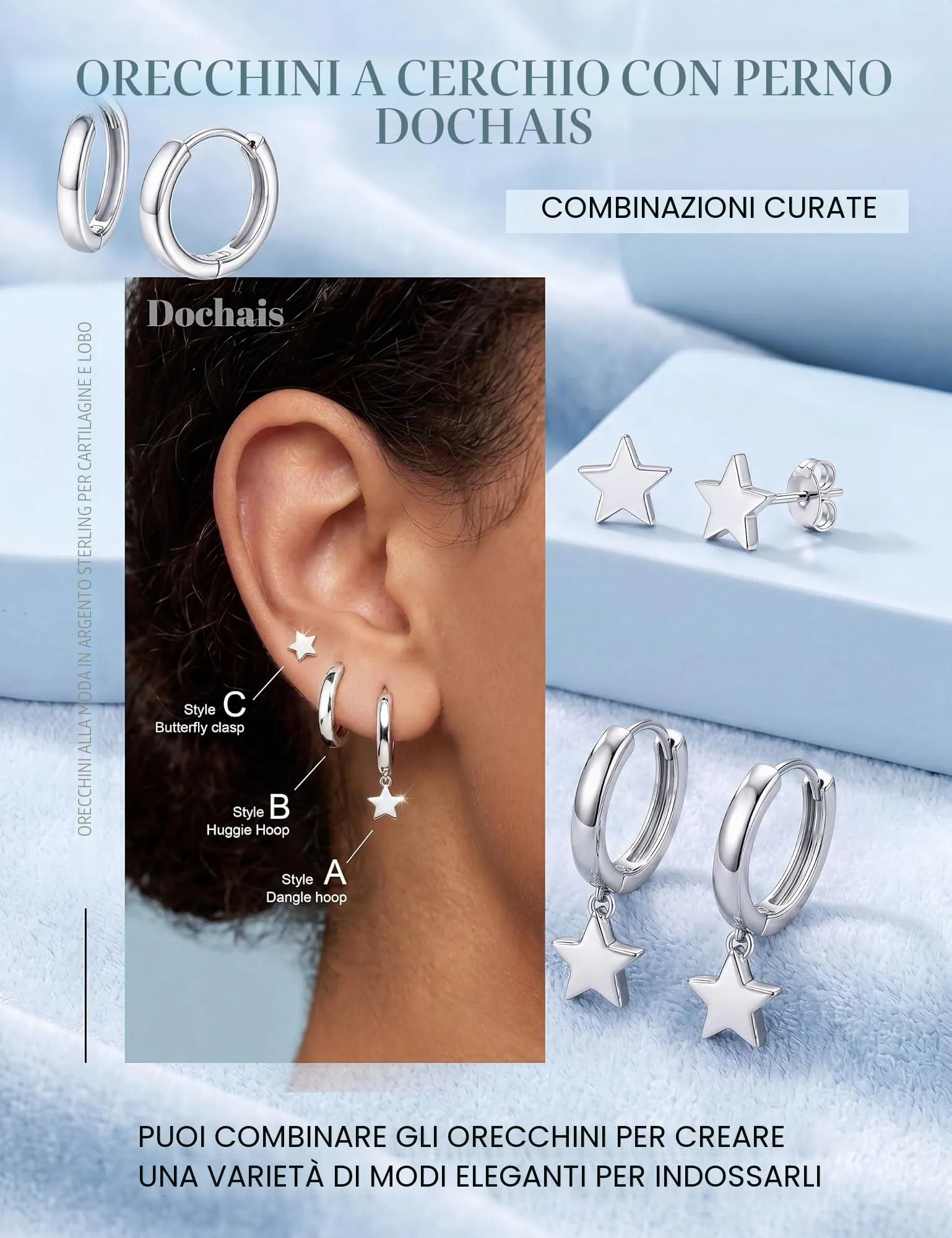Dochais 3 Paia Set Orecchini Donna Cerchio Argento Color Orecchini Placcato Oro 14K Ipoallergenico Orecchini a Cerchio Piccoli Small Hoop Earrings Cartilagine Trago Helix Piercing Orecchino Donna - immagine 3